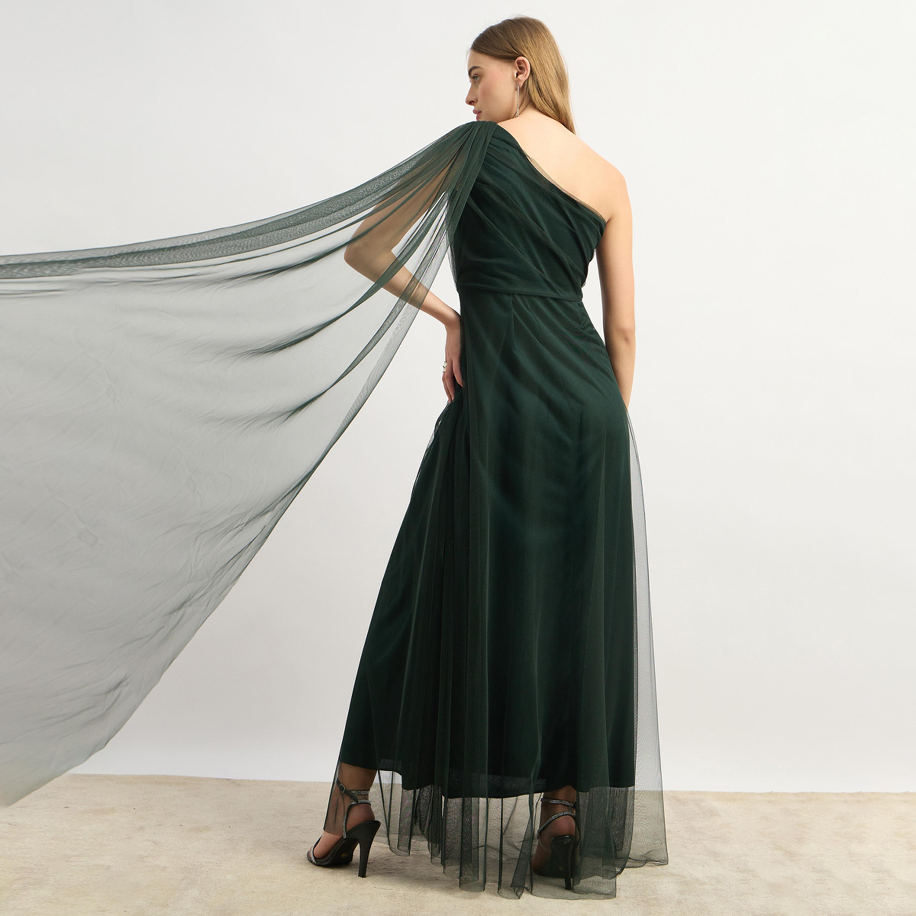 ستايلي - يو آند اف - فستان نسائي سادة بكتف واحد - أخضر-women-clothing-dresses-image-5
