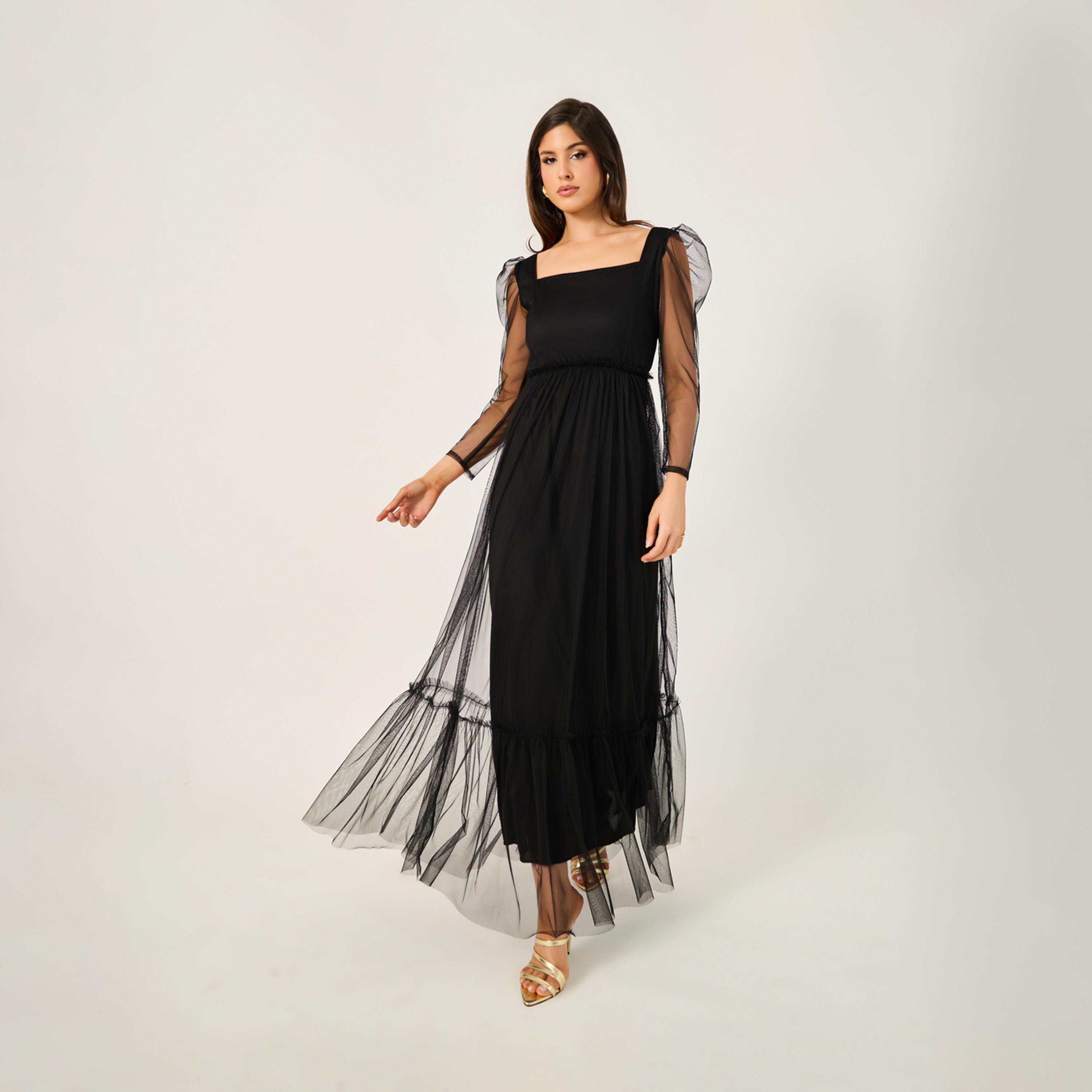 Styli Mesh Insert Square Neck A-Line Maxi Dress-women-clothing-dresses-image-1