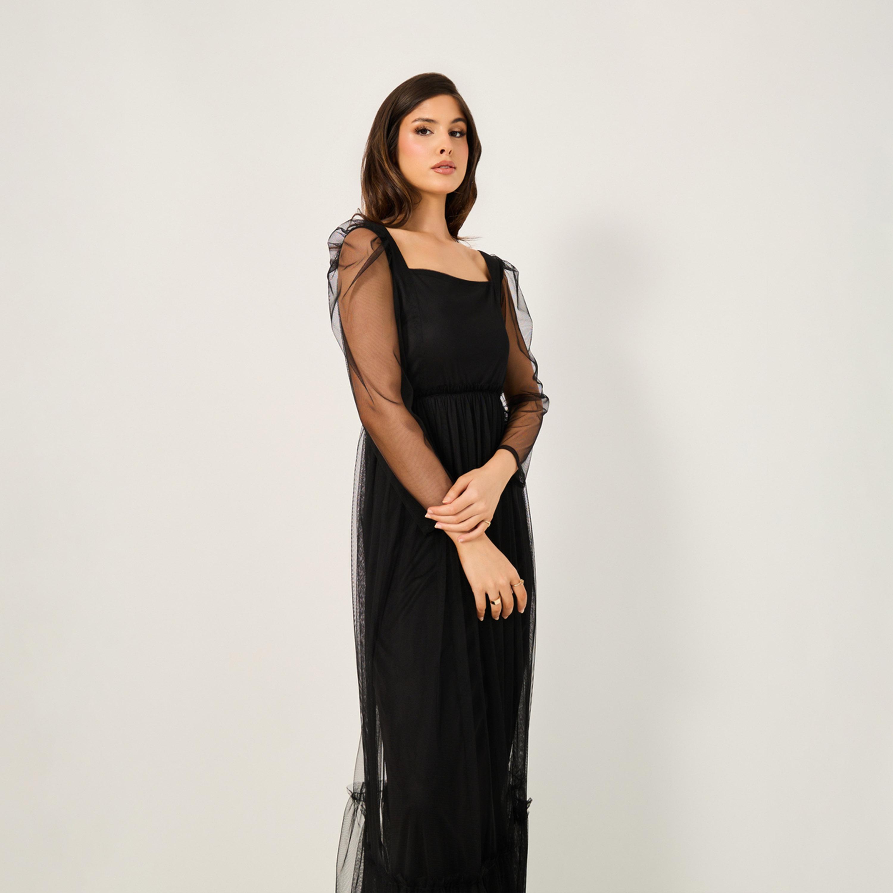 Styli Mesh Insert Square Neck A-Line Maxi Dress-women-clothing-dresses-image-4
