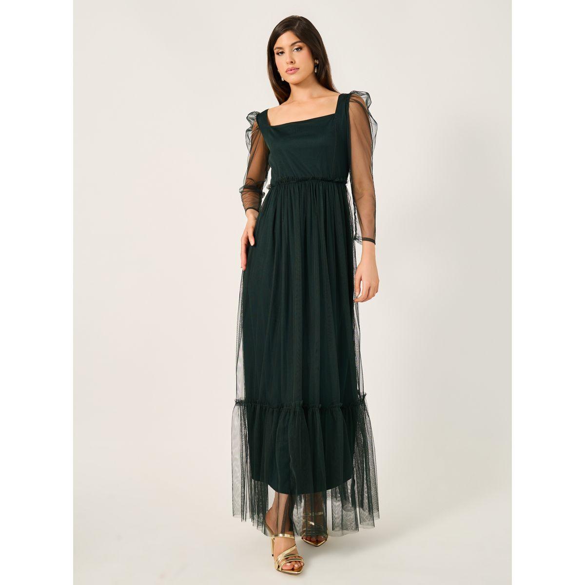 Styli Mesh Insert Square Neck A-Line Maxi Dress-women-clothing-dresses-image-2