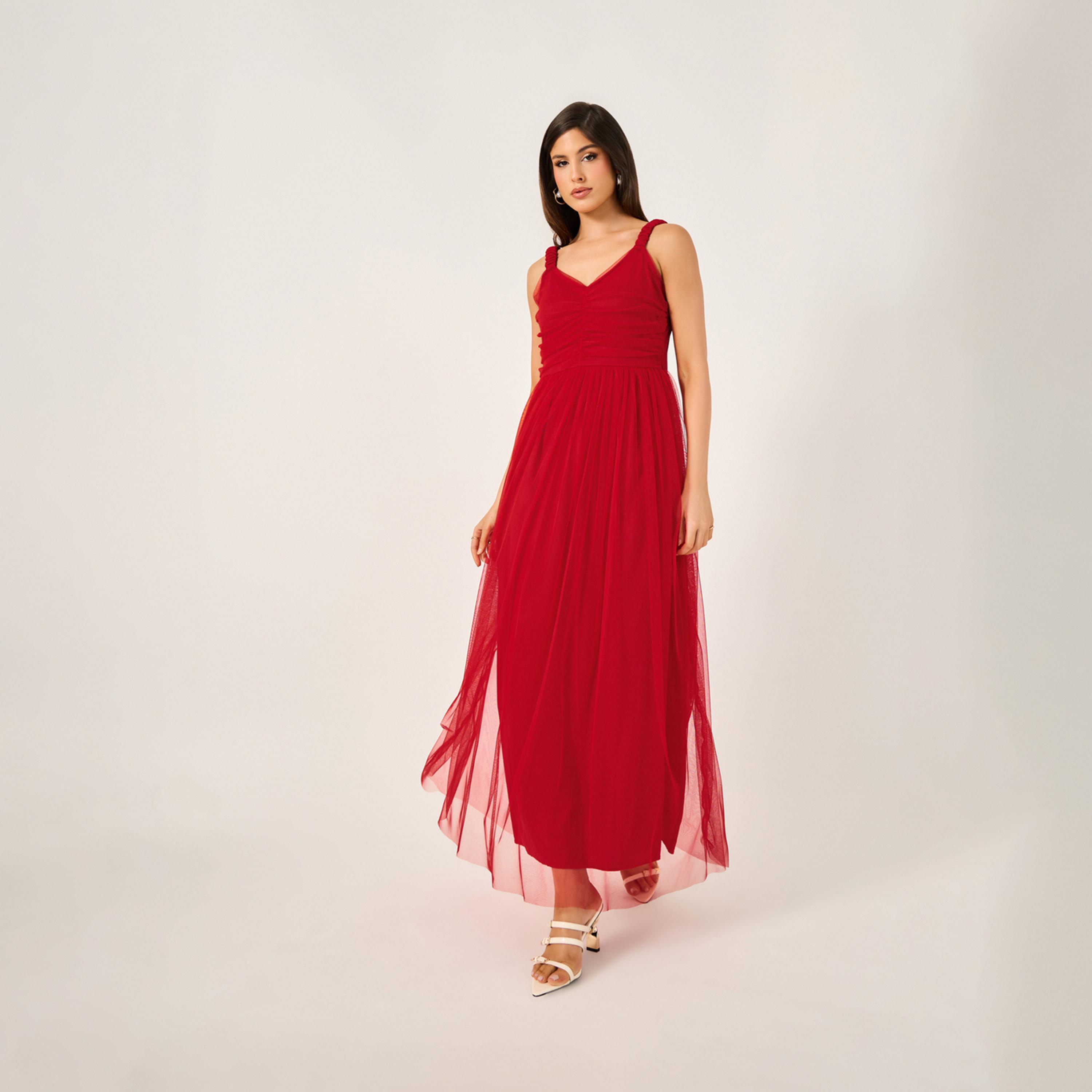 Styli Mesh Insert Strappy Maxi Dress with Gathered Detail-women-clothing-dresses-image-1