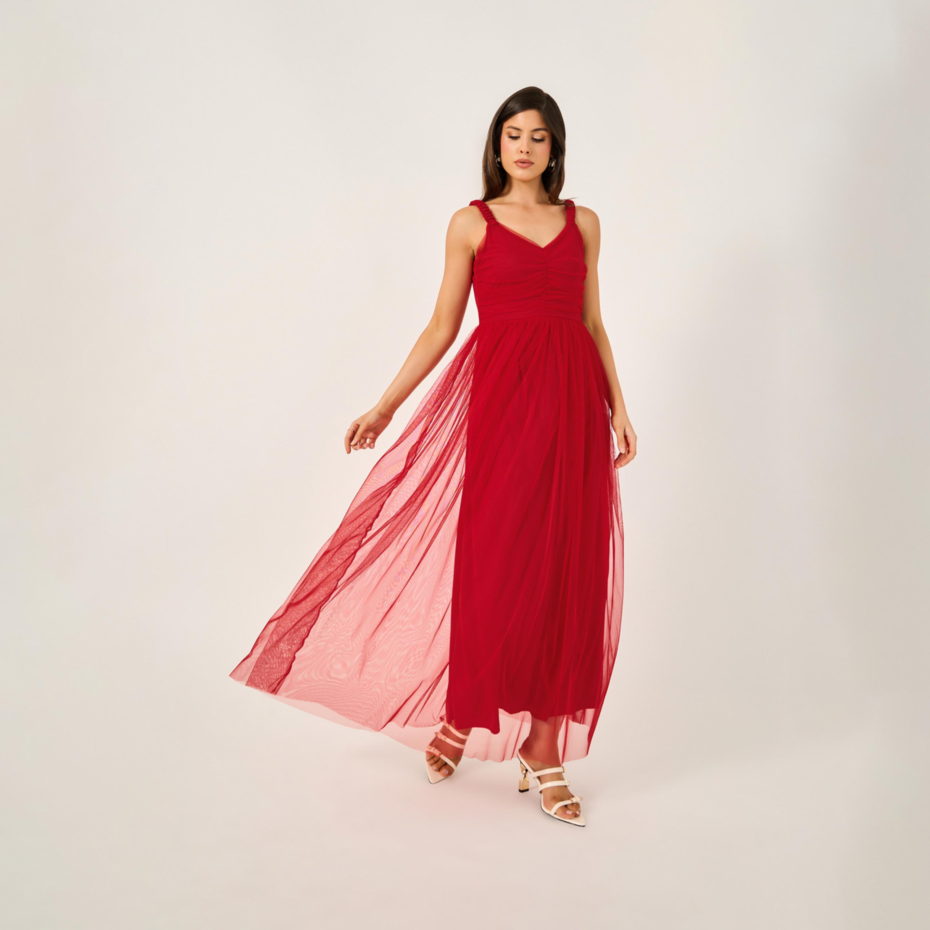 Styli Mesh Insert Strappy Maxi Dress with Gathered Detail-women-clothing-dresses-image-2