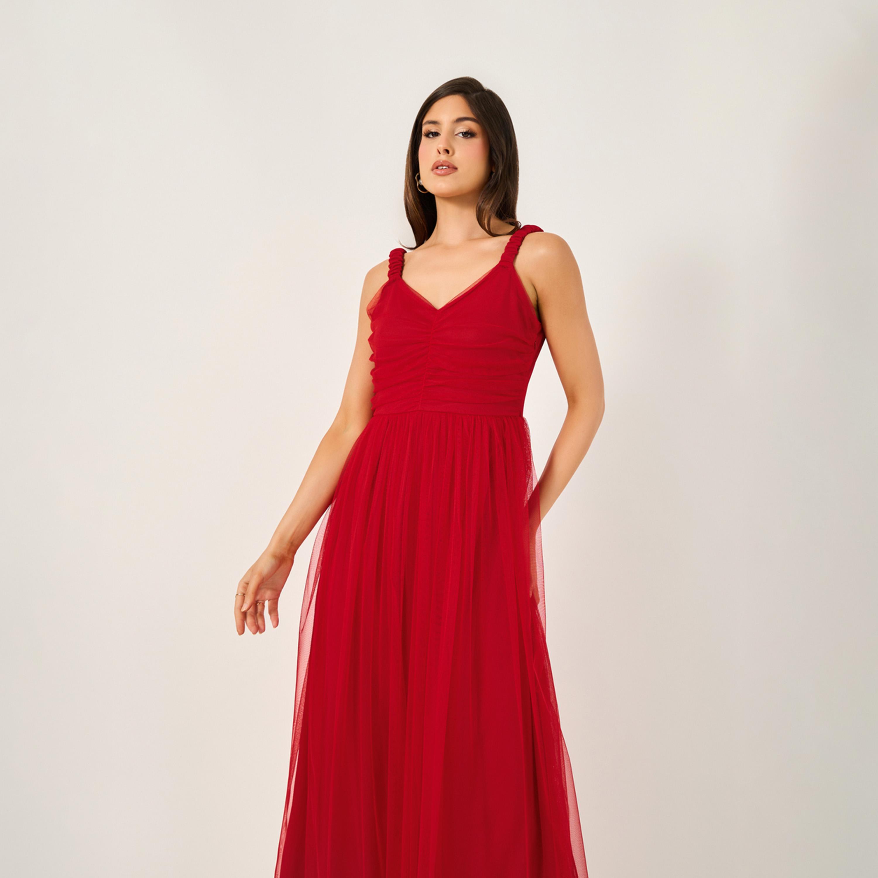 Styli Mesh Insert Strappy Maxi Dress with Gathered Detail-women-clothing-dresses-image-3