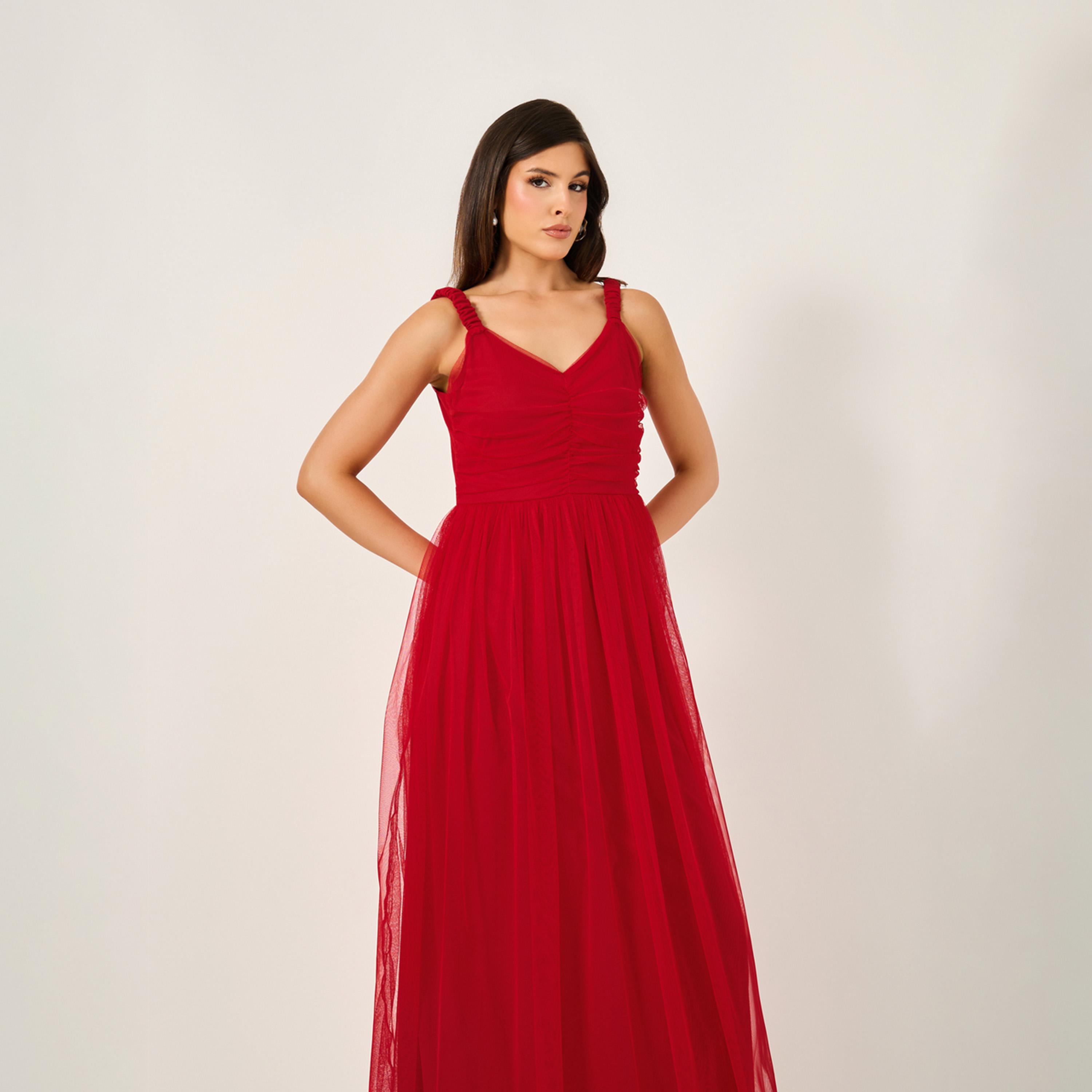 Styli Mesh Insert Strappy Maxi Dress with Gathered Detail-women-clothing-dresses-image-4
