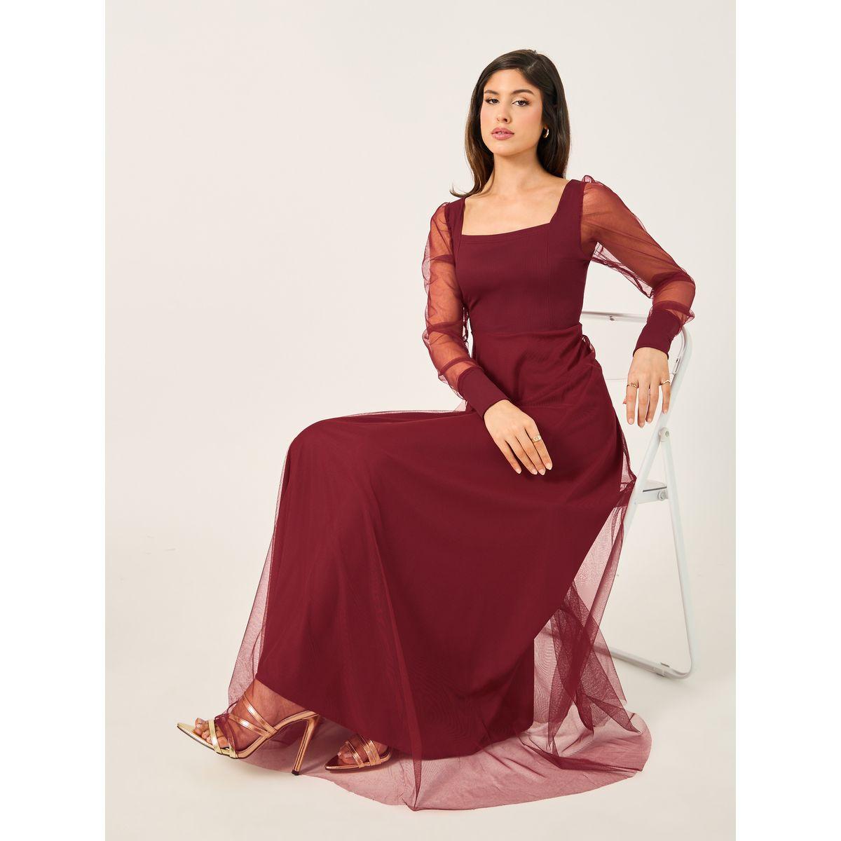 فستان طويل بياقة مربعة وأكمام منفوخة-women-clothing-dresses-image-1