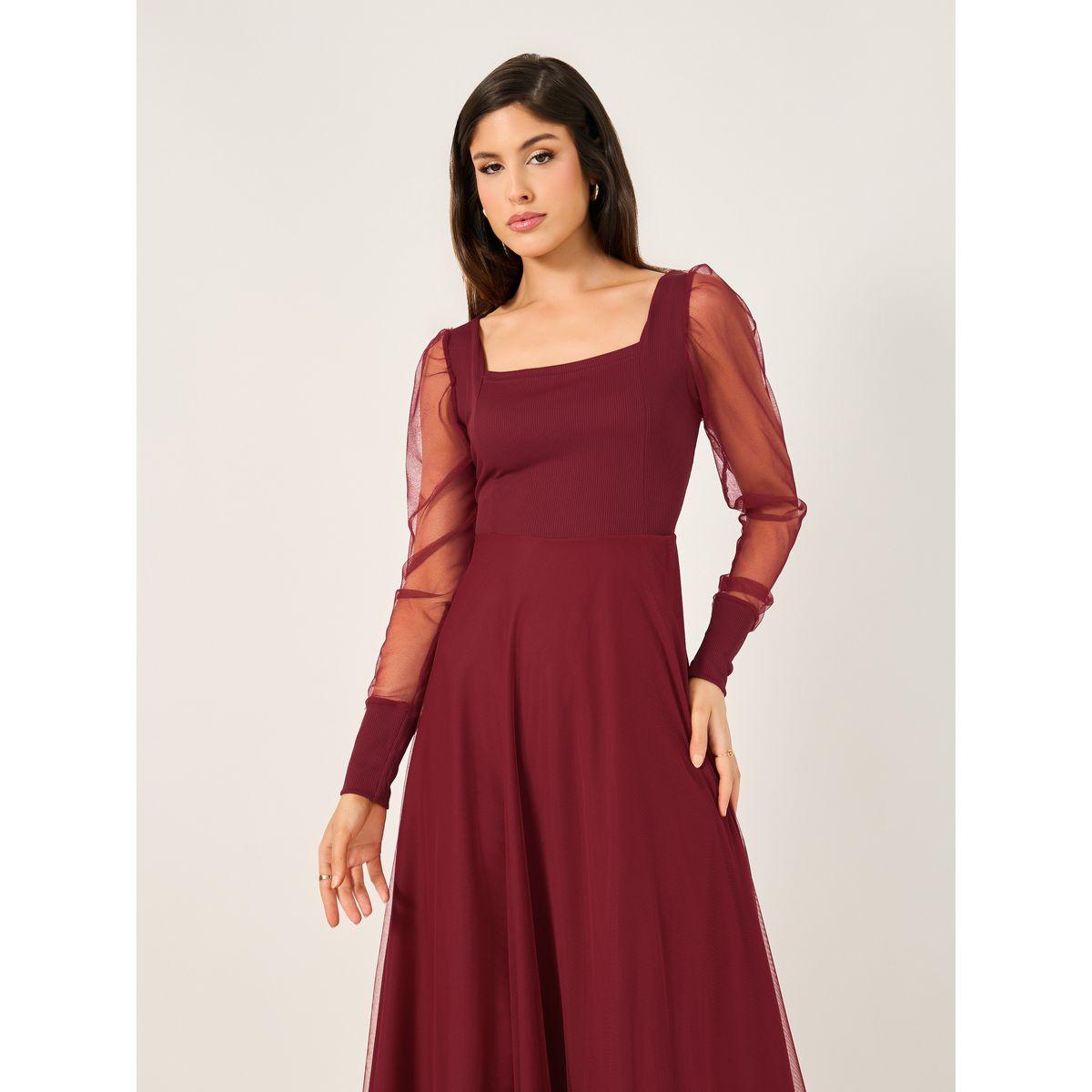 Mesh Insert Puff Sleeve Square Neck Maxi Dress-women-clothing-dresses-image-2