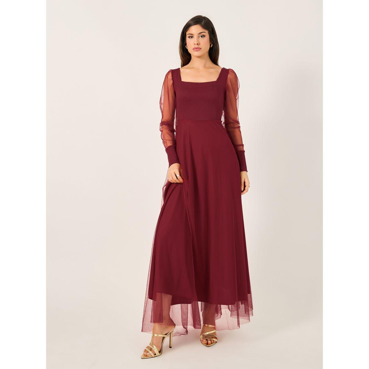 Mesh Insert Puff Sleeve Square Neck Maxi Dress-women-clothing-dresses-image-4
