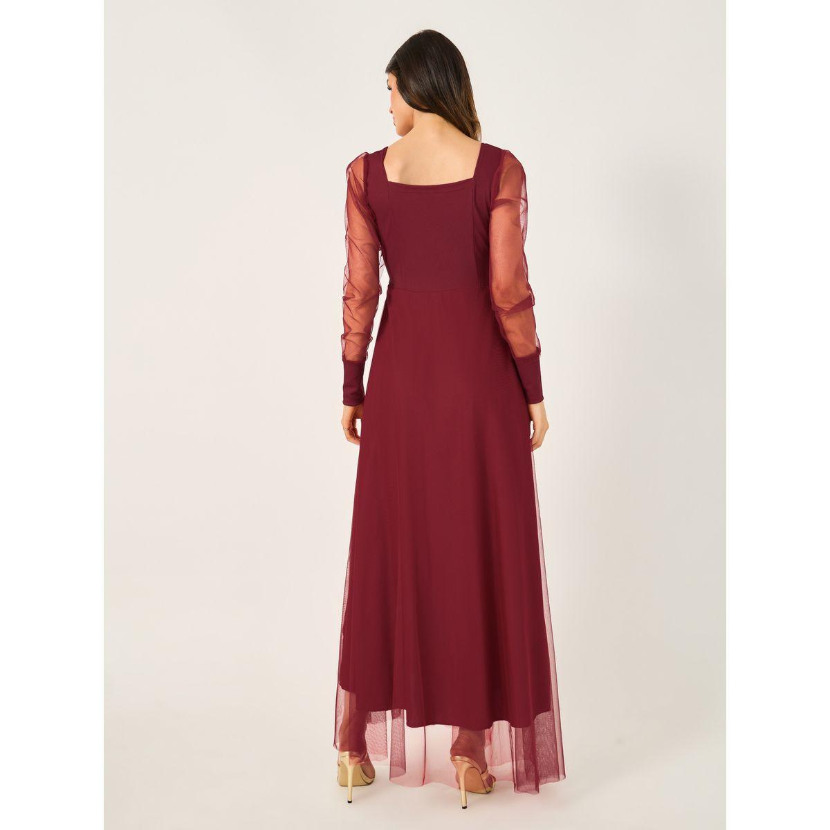 Mesh Insert Puff Sleeve Square Neck Maxi Dress-women-clothing-dresses-image-6