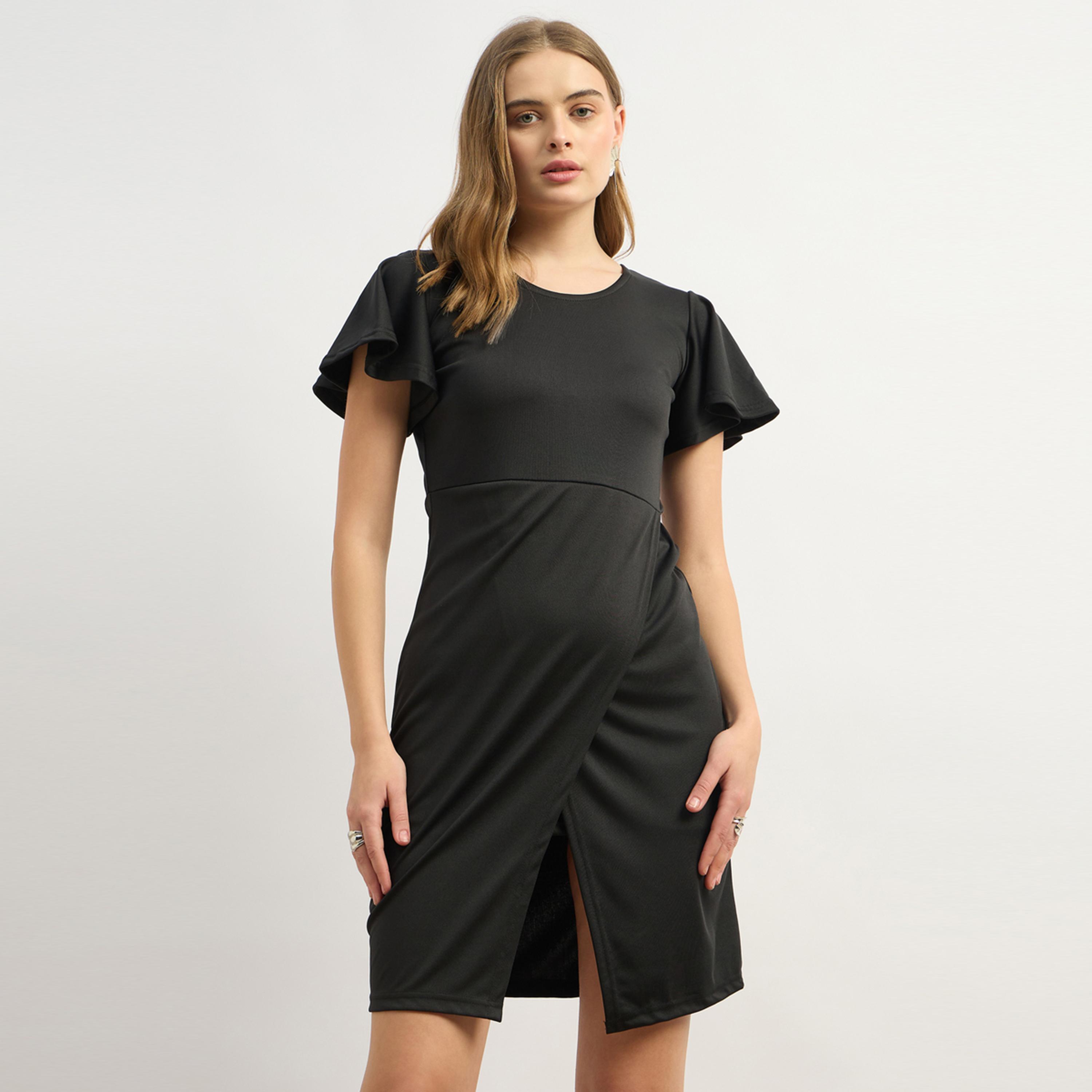 Styli U And F Women Stylish Black Solid Flutter Sleeves Dress-women-clothing-dresses-image-2