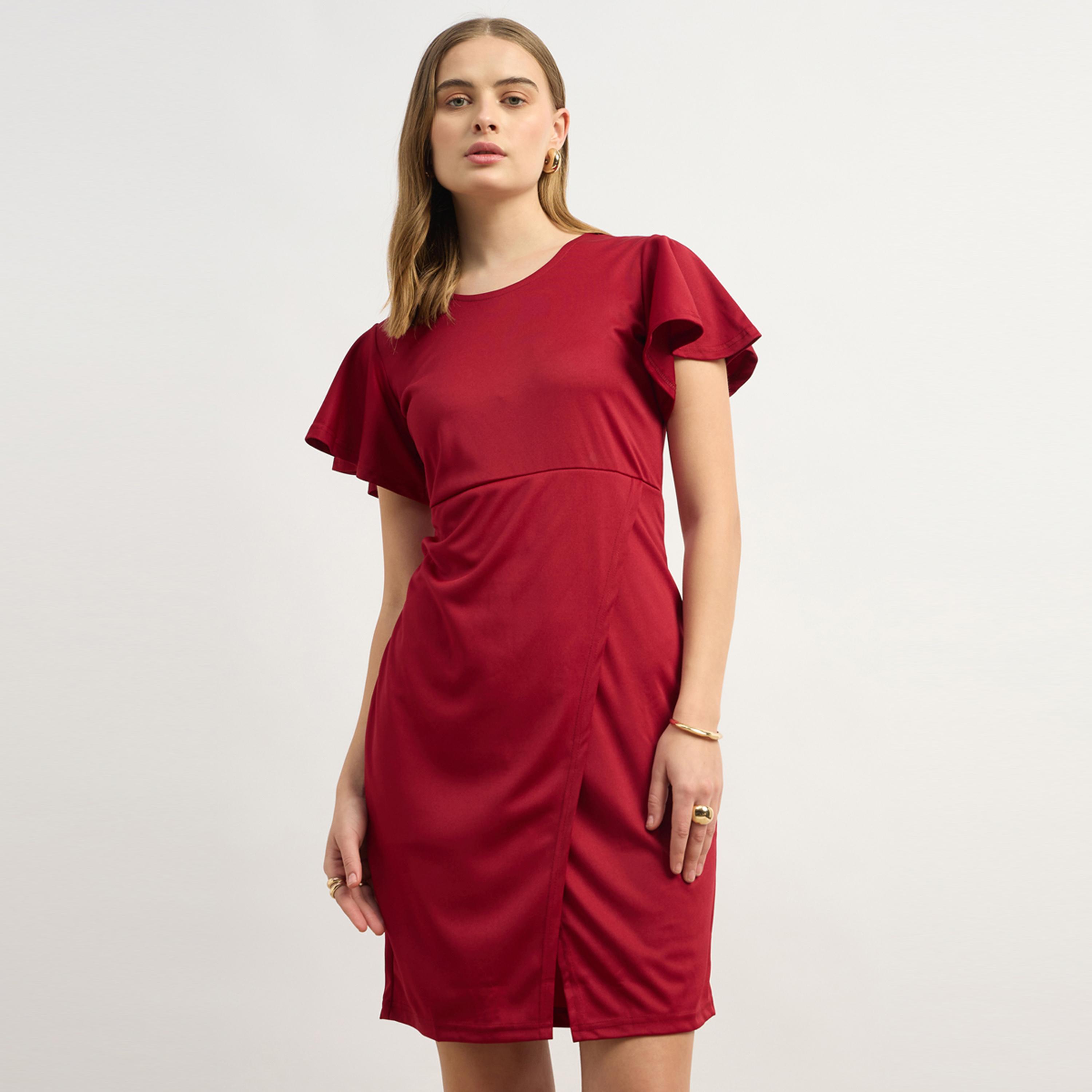 Styli U And F Women Stylish Black Solid Flutter Sleeves Dress-women-clothing-dresses-image-2