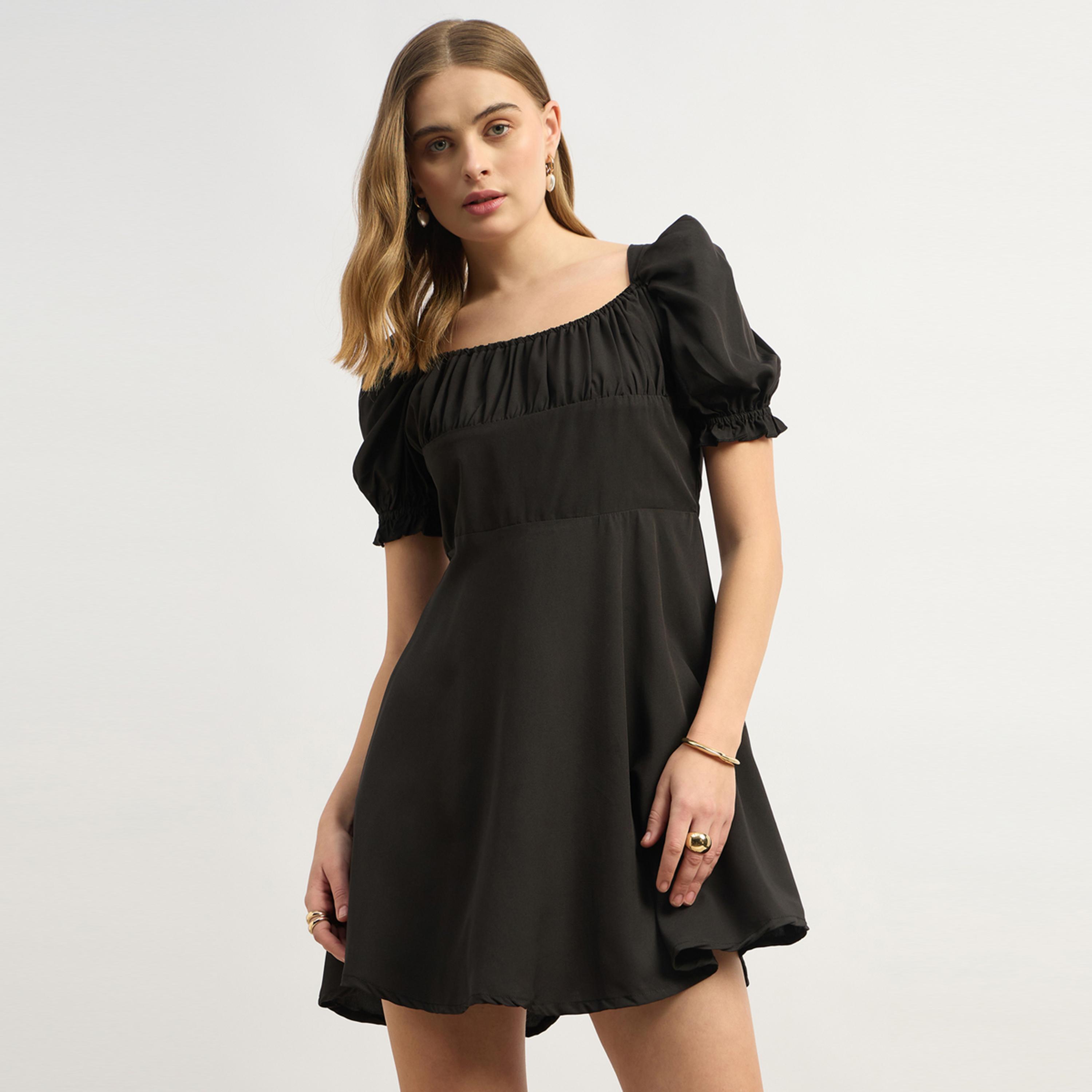 Styli U And F Black Puff Sleeves Crepe A-Line Dress-women-clothing-dresses-image-2