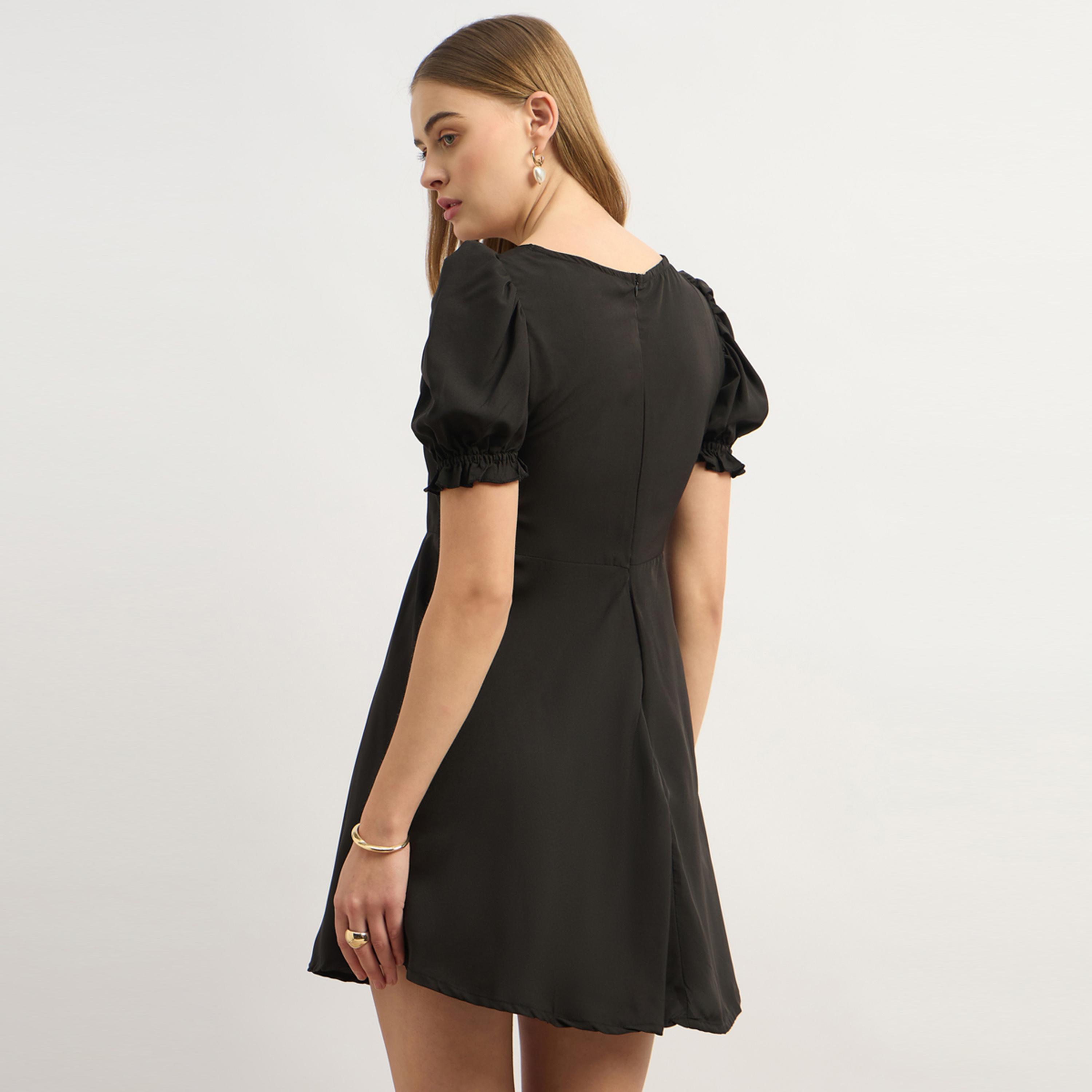 ستايلي - يو آند اف - فستان أسود من الكريب بأكمام منفوخة وقصة حرف A-women-clothing-dresses-image-5