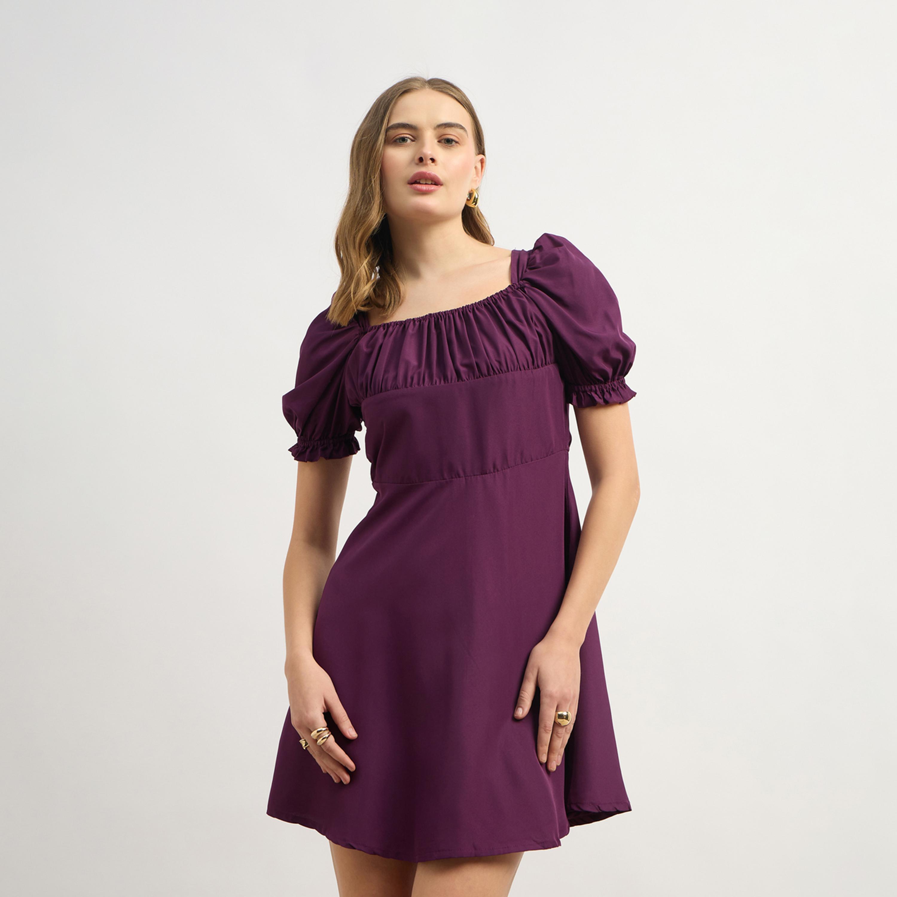 Styli Solid Puff Sleeves A-Line Mini Dress-women-clothing-dresses-image-1