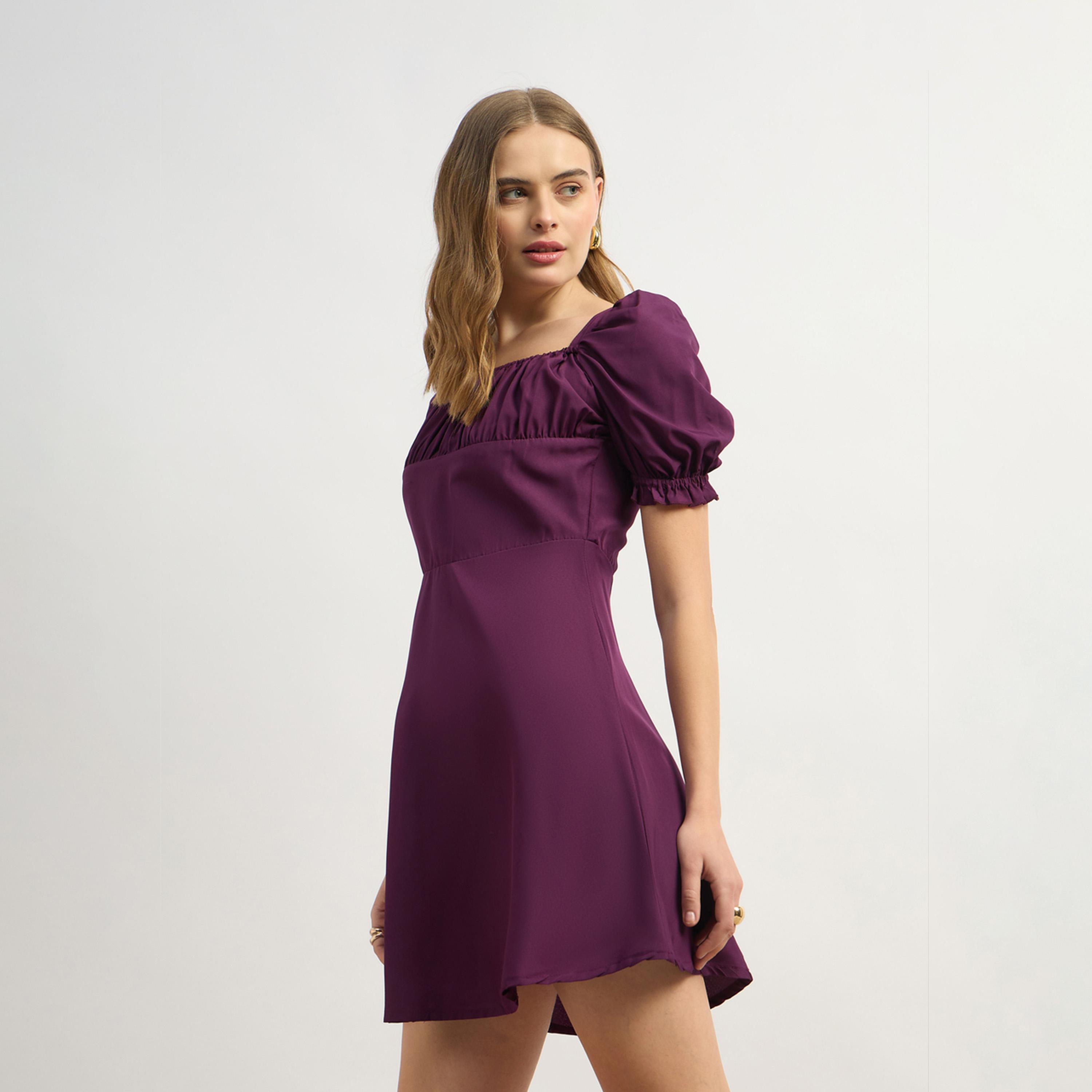 Styli Solid Puff Sleeves A-Line Mini Dress-women-clothing-dresses-image-3