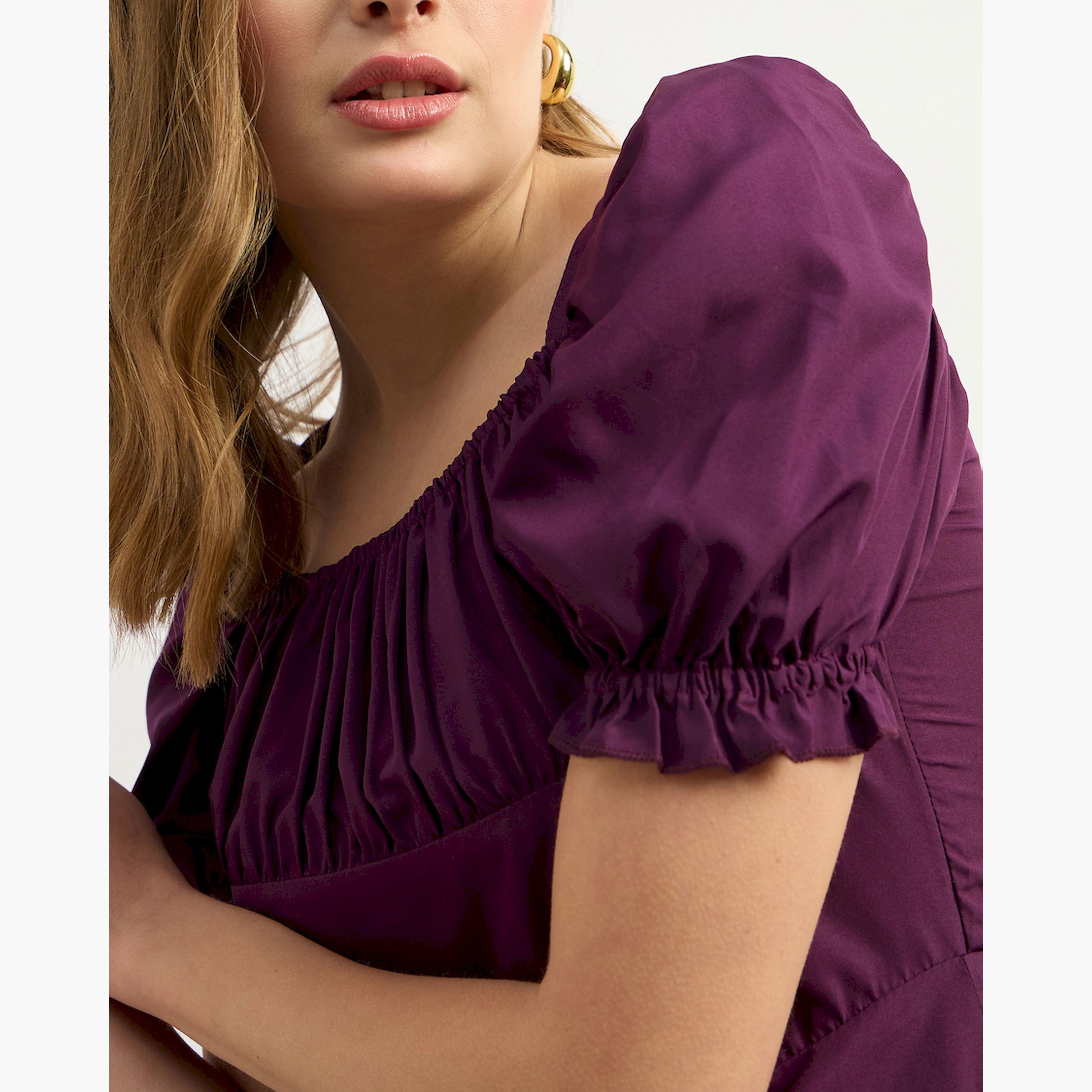 ستايلي - فستان سادة قصير بأكمام منفوخة وقصة A-women-clothing-dresses-image-4
