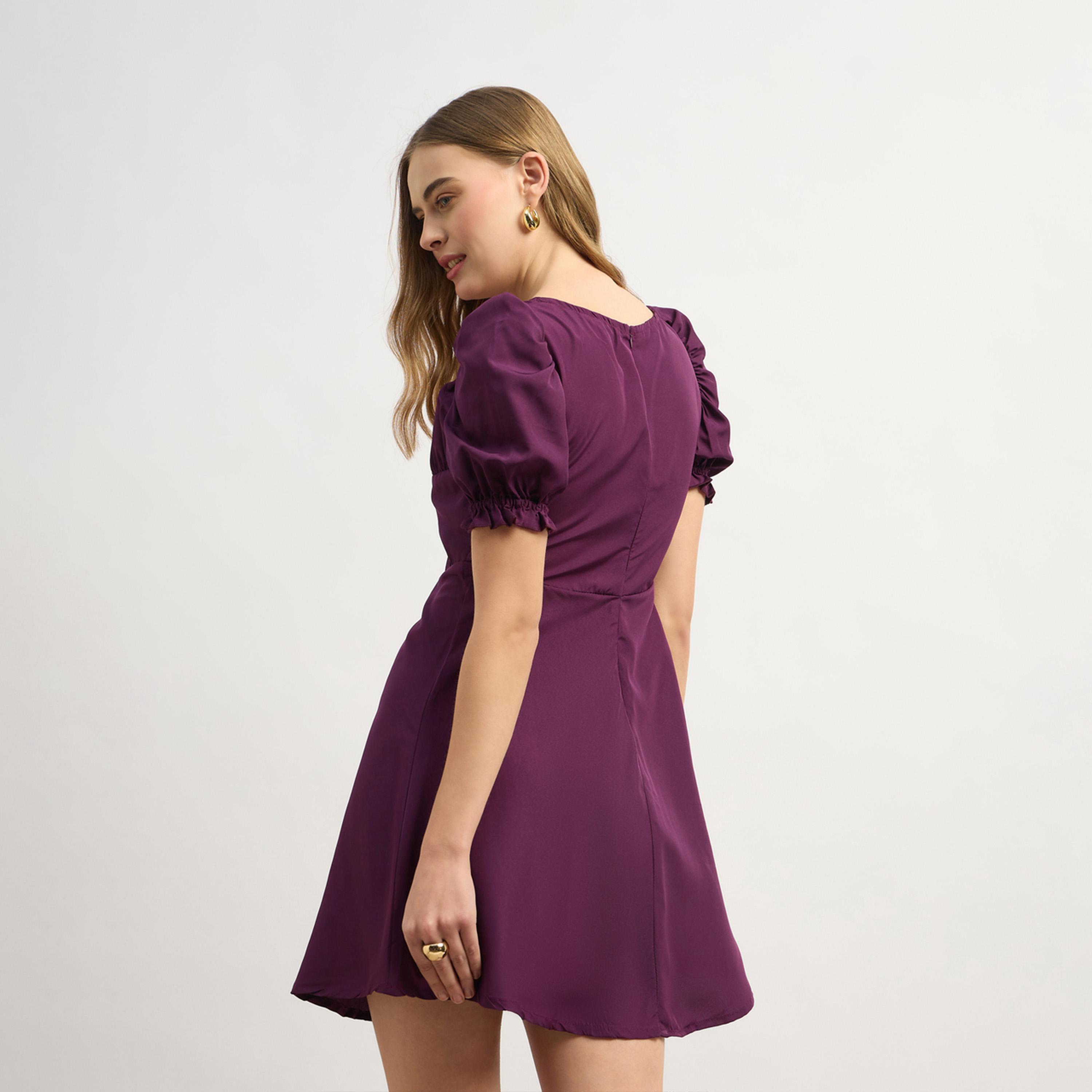ستايلي - فستان سادة قصير بأكمام منفوخة وقصة A-women-clothing-dresses-image-5
