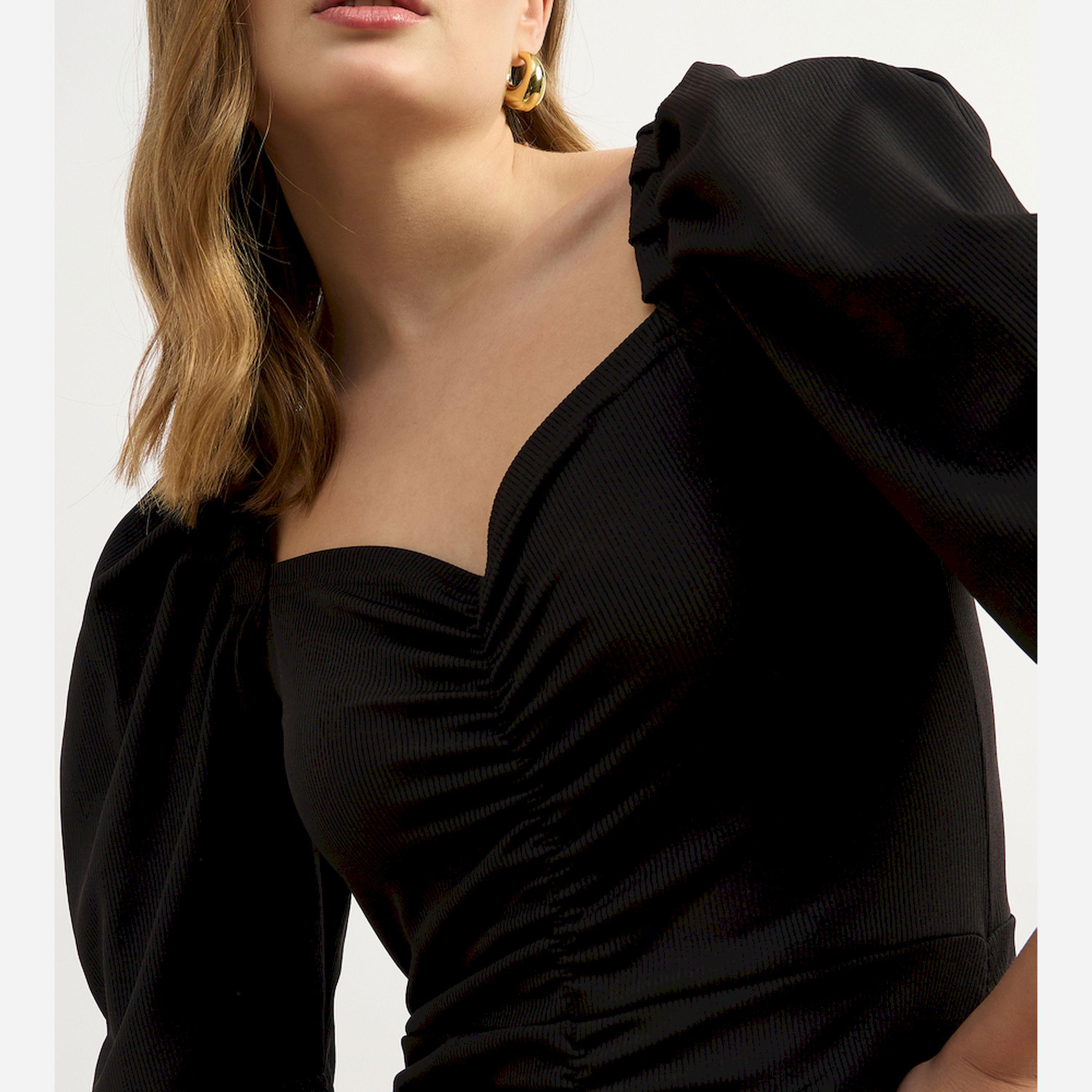 ستايلي - يو آند اف - فستان سادة بتفاصيل مجمعة للنساء - أسود-women-clothing-dresses-image-4