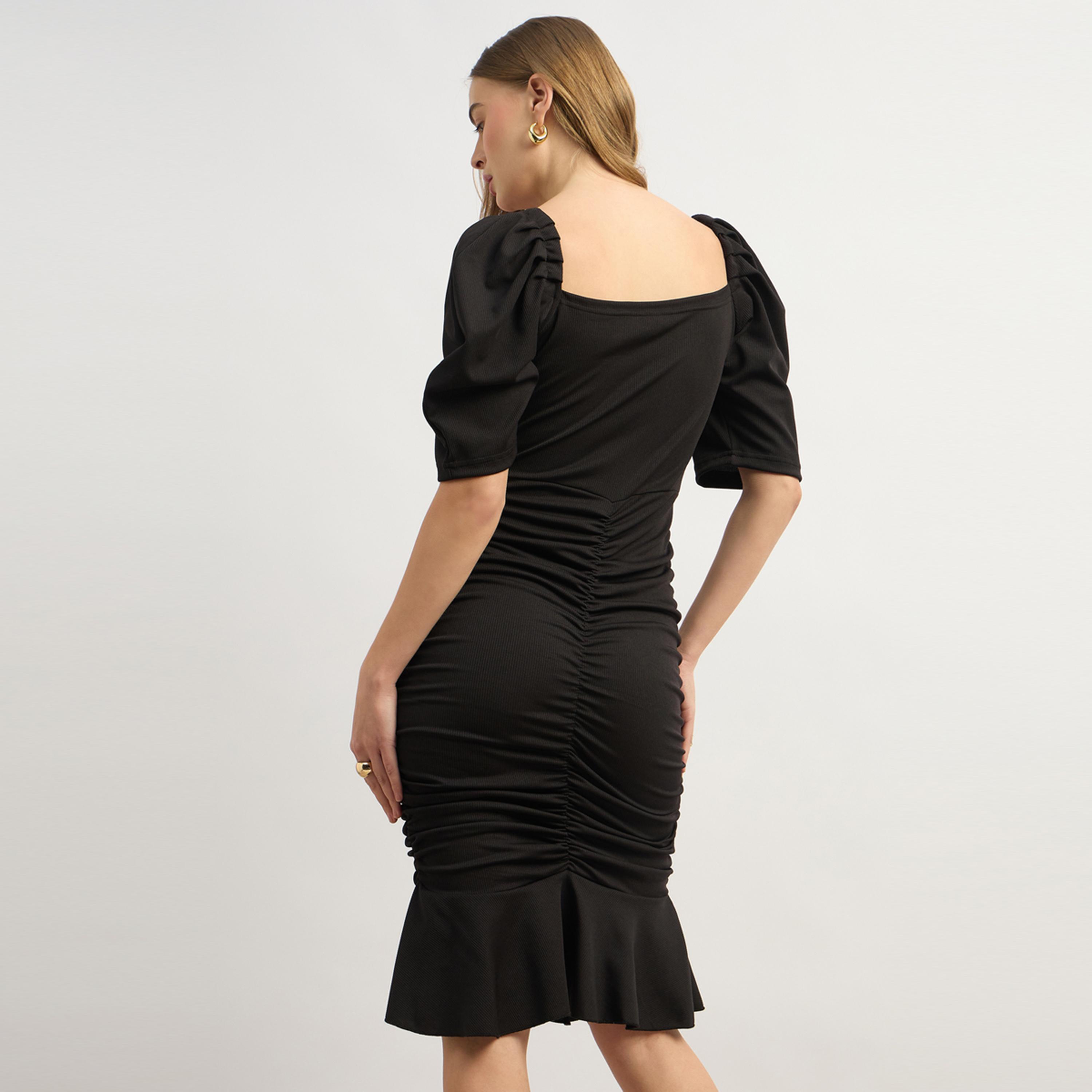 ستايلي - يو آند اف - فستان سادة بتفاصيل مجمعة للنساء - أسود-women-clothing-dresses-image-5