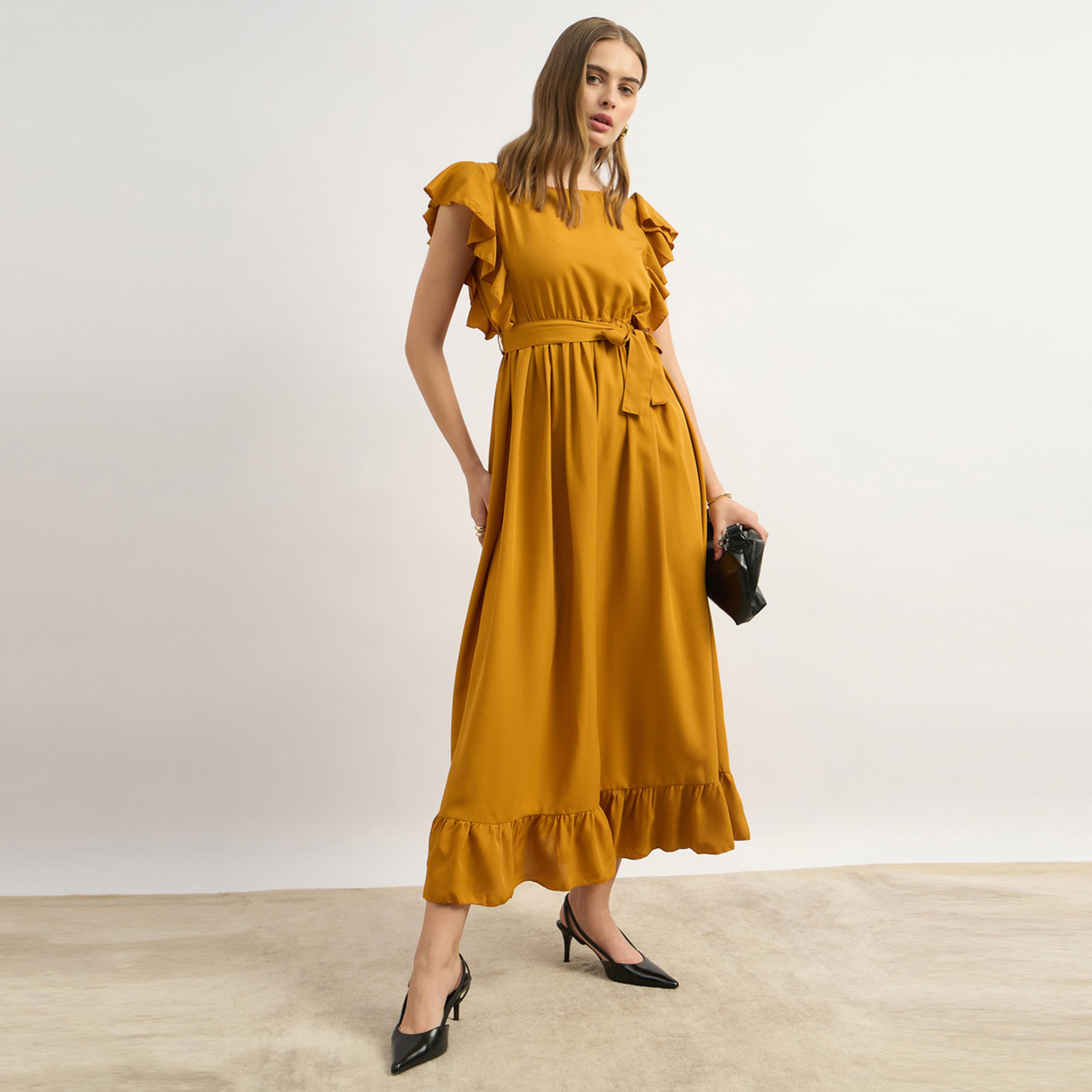 ستايلي - يو آند اف - فستان نسائي أنيق خردلي سادة متعدد الطبقات-women-clothing-dresses-image-1