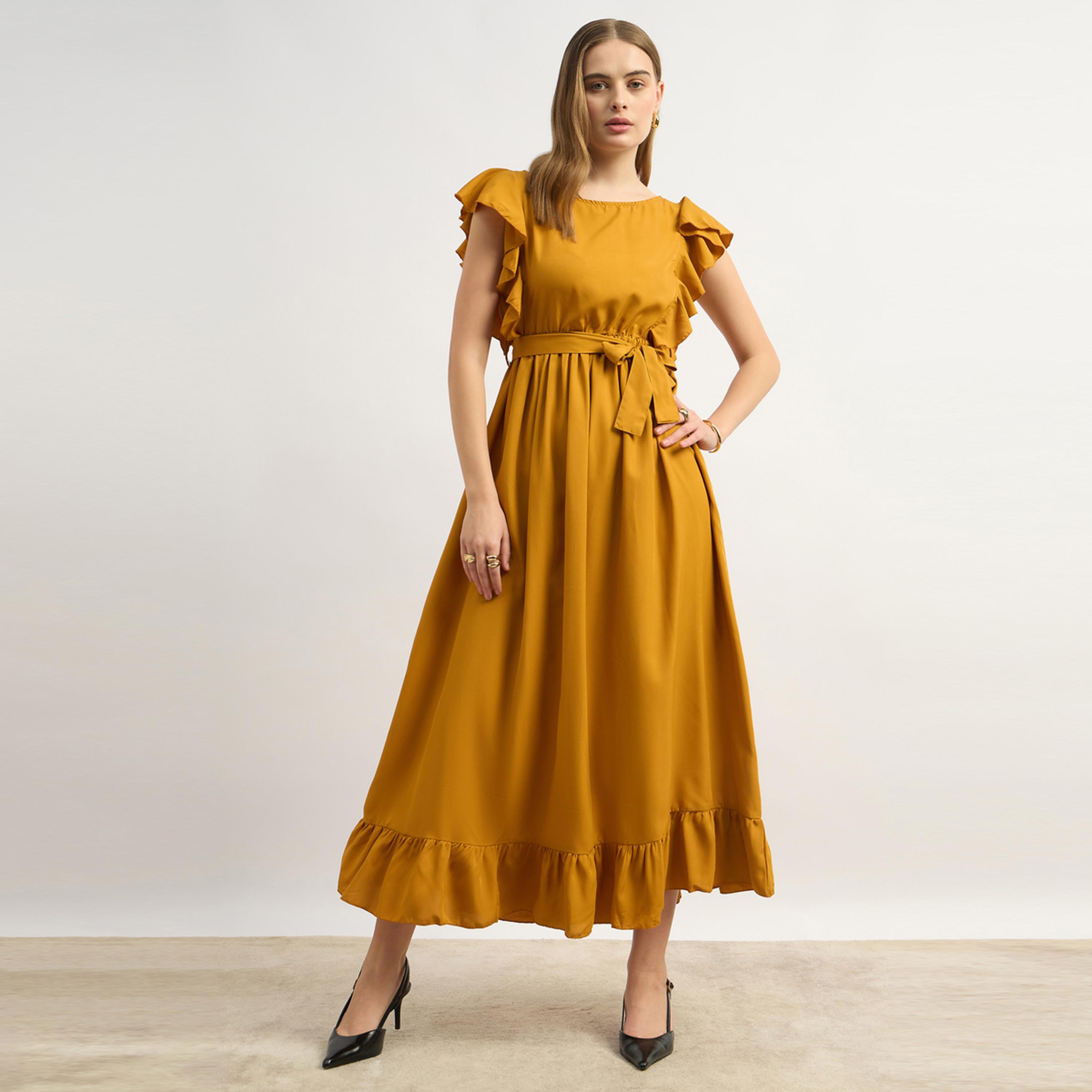 ستايلي - يو آند اف - فستان نسائي أنيق خردلي سادة متعدد الطبقات-women-clothing-dresses-image-2