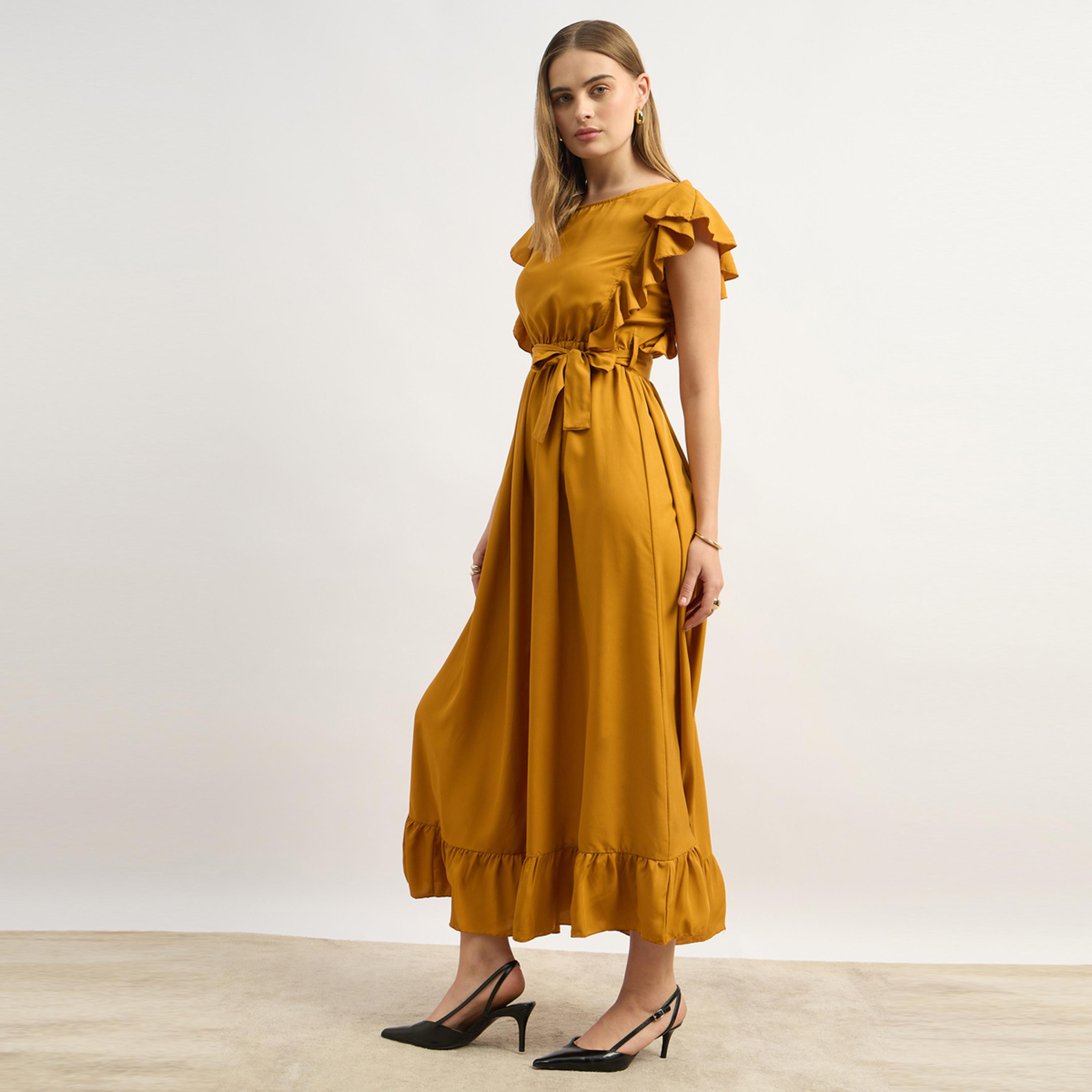 Styli U And F Women Stylish Mustard Solid Tiered Dress-women-clothing-dresses-image-3