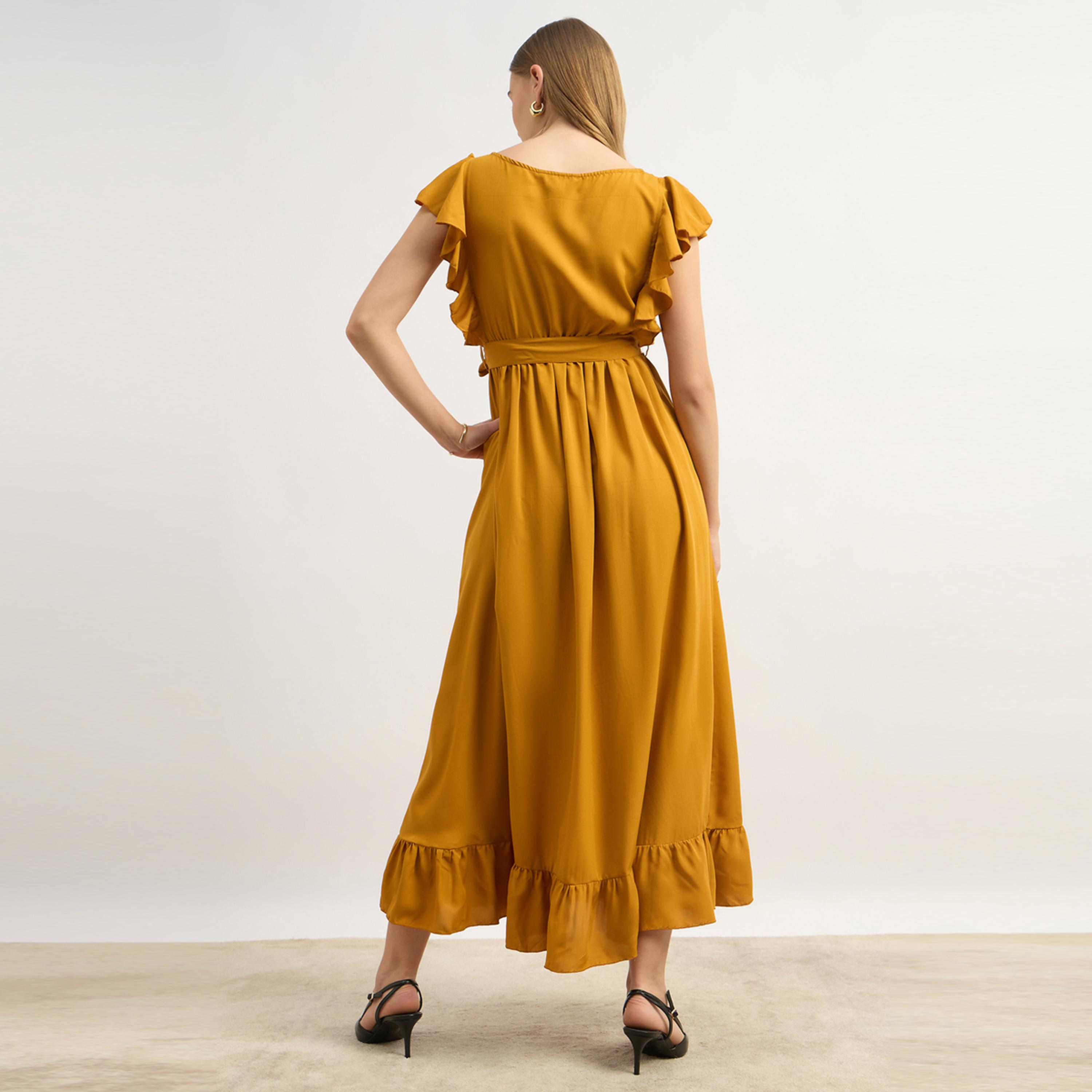 ستايلي - يو آند اف - فستان نسائي أنيق خردلي سادة متعدد الطبقات-women-clothing-dresses-image-5