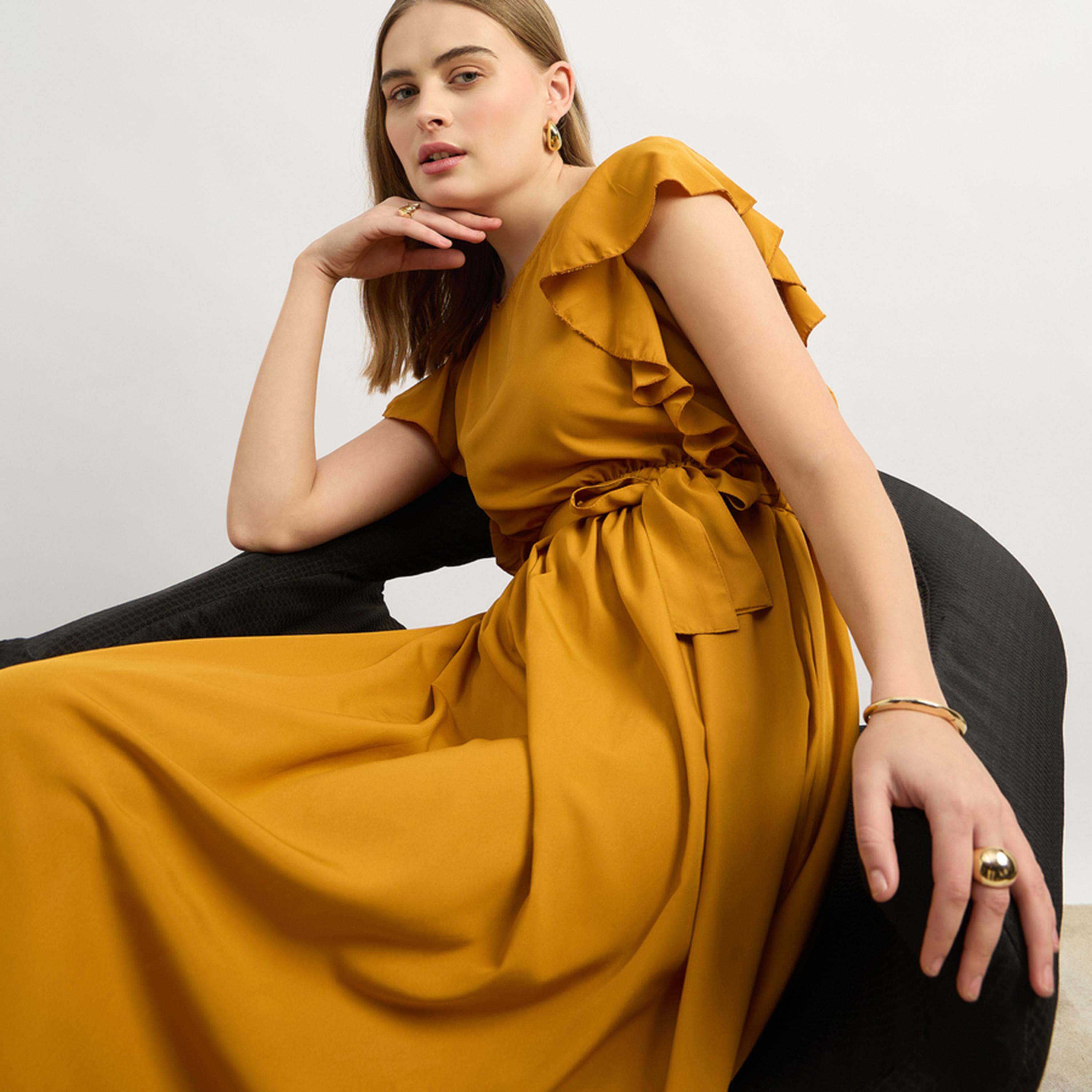 Styli U And F Women Stylish Mustard Solid Tiered Dress-women-clothing-dresses-image-6
