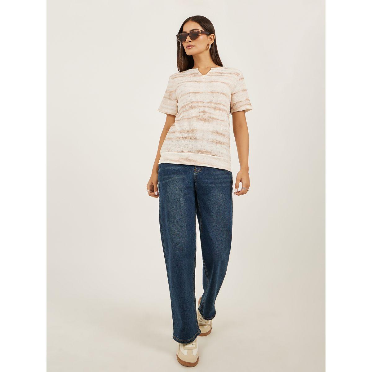 Styli Textured Notch Neck Regular Fit T-Shirt-women-clothing-tshirts-image-2