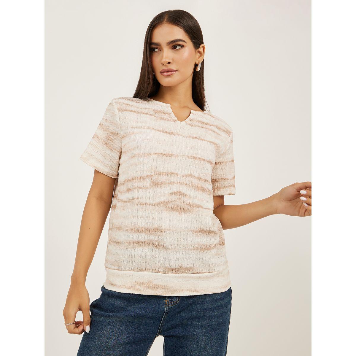 Styli Textured Notch Neck Regular Fit T-Shirt-women-clothing-tshirts-image-3