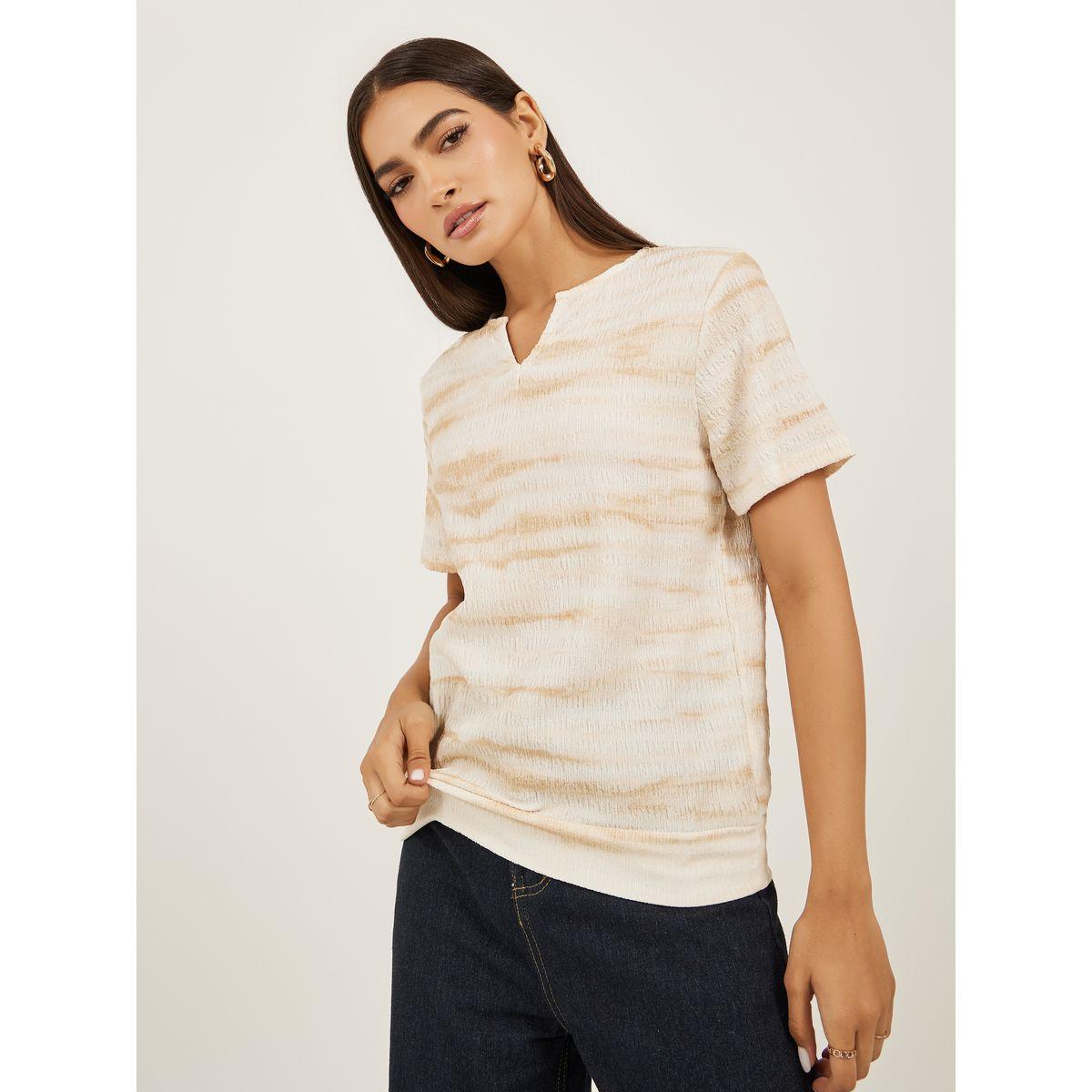 Styli Textured Notch Neck Regular Fit T-Shirt-women-clothing-tshirts-image-1