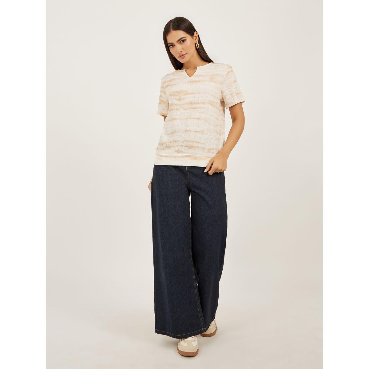 Styli Textured Notch Neck Regular Fit T-Shirt-women-clothing-tshirts-image-2