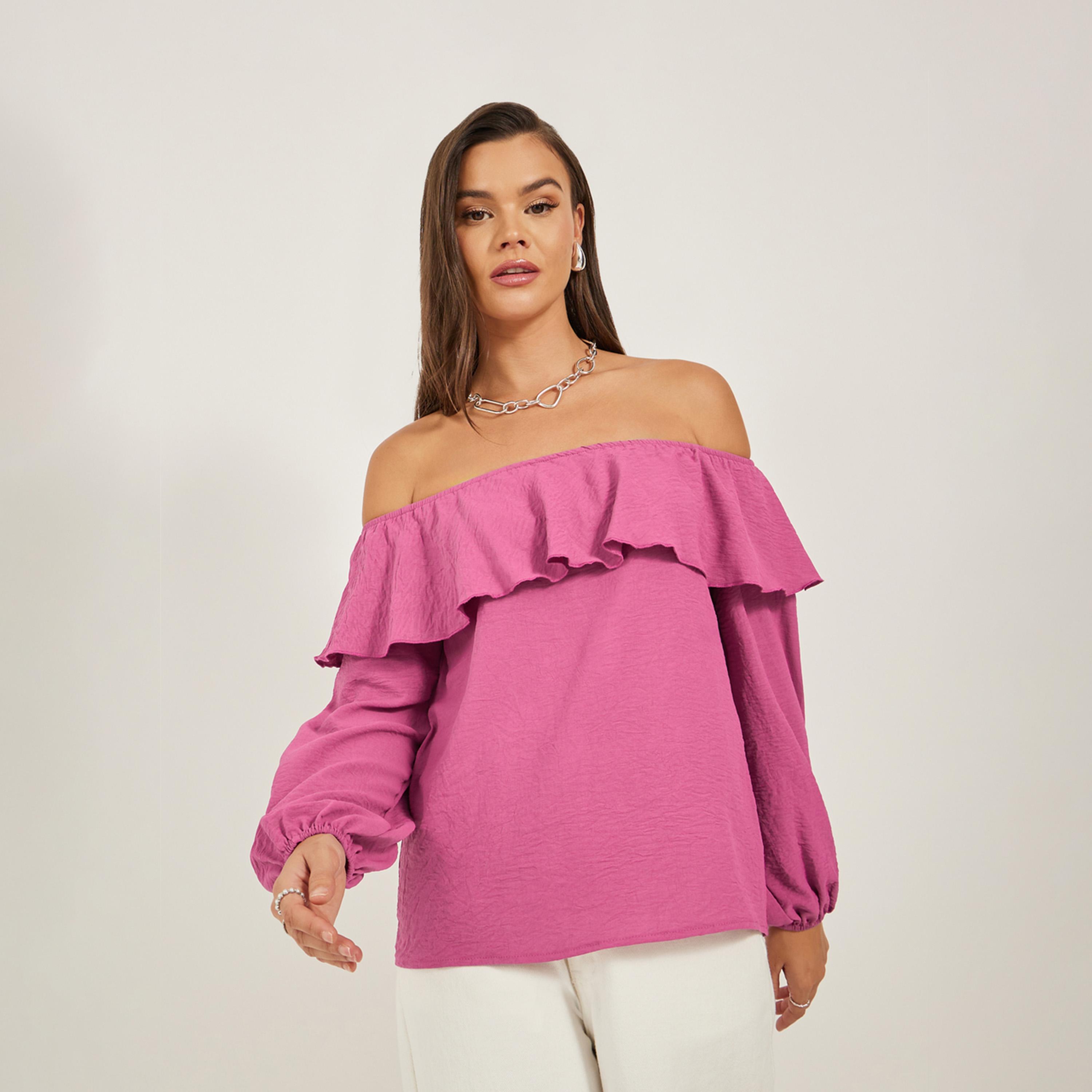Styli Solid Ruffled Trim Off Shoulder Neck Blouse-women-clothing-shirtsandblouses-blouses-image-1