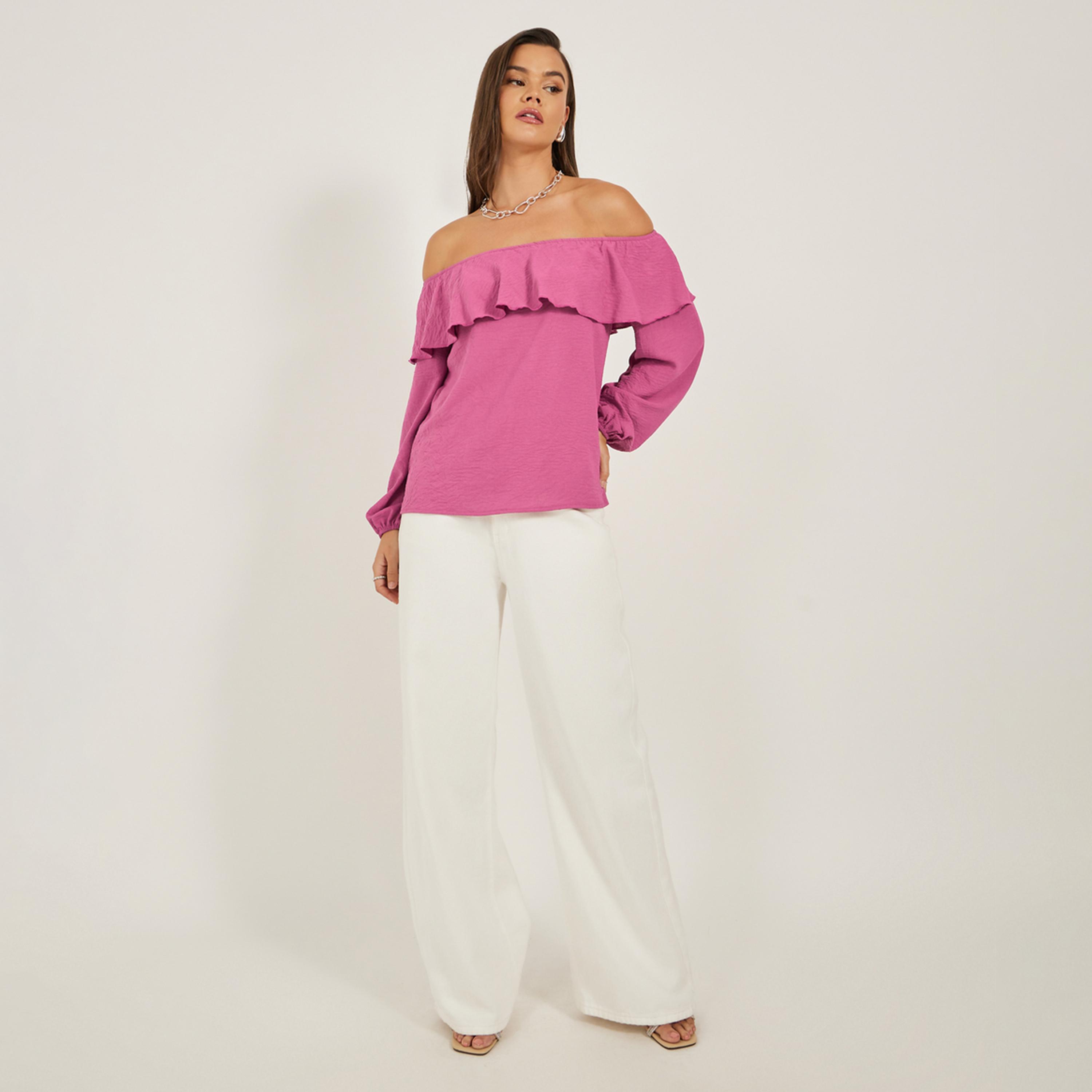 Styli Solid Ruffled Trim Off Shoulder Neck Blouse-women-clothing-shirtsandblouses-blouses-image-2