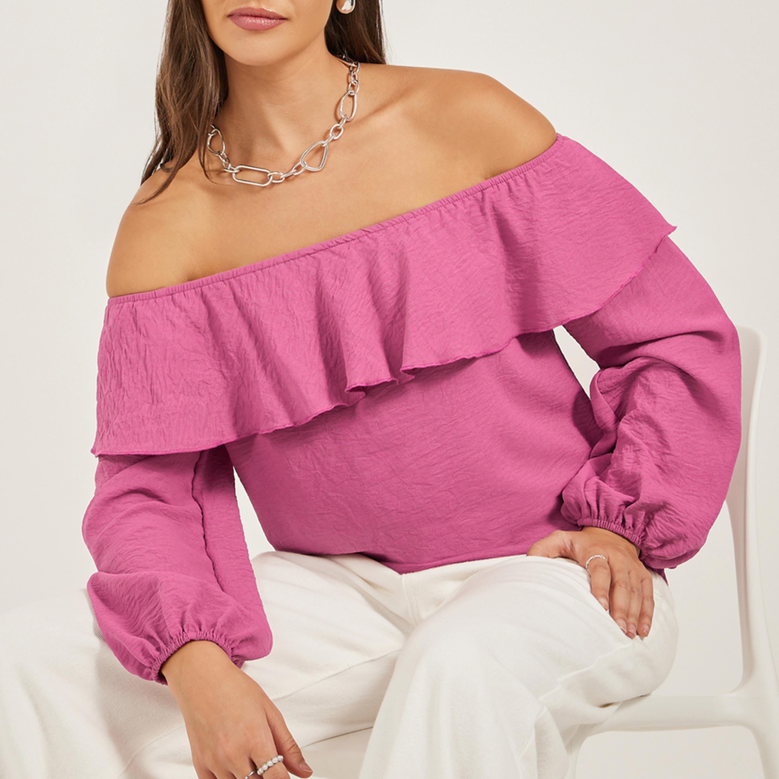 Styli Solid Ruffled Trim Off Shoulder Neck Blouse-women-clothing-shirtsandblouses-blouses-image-3