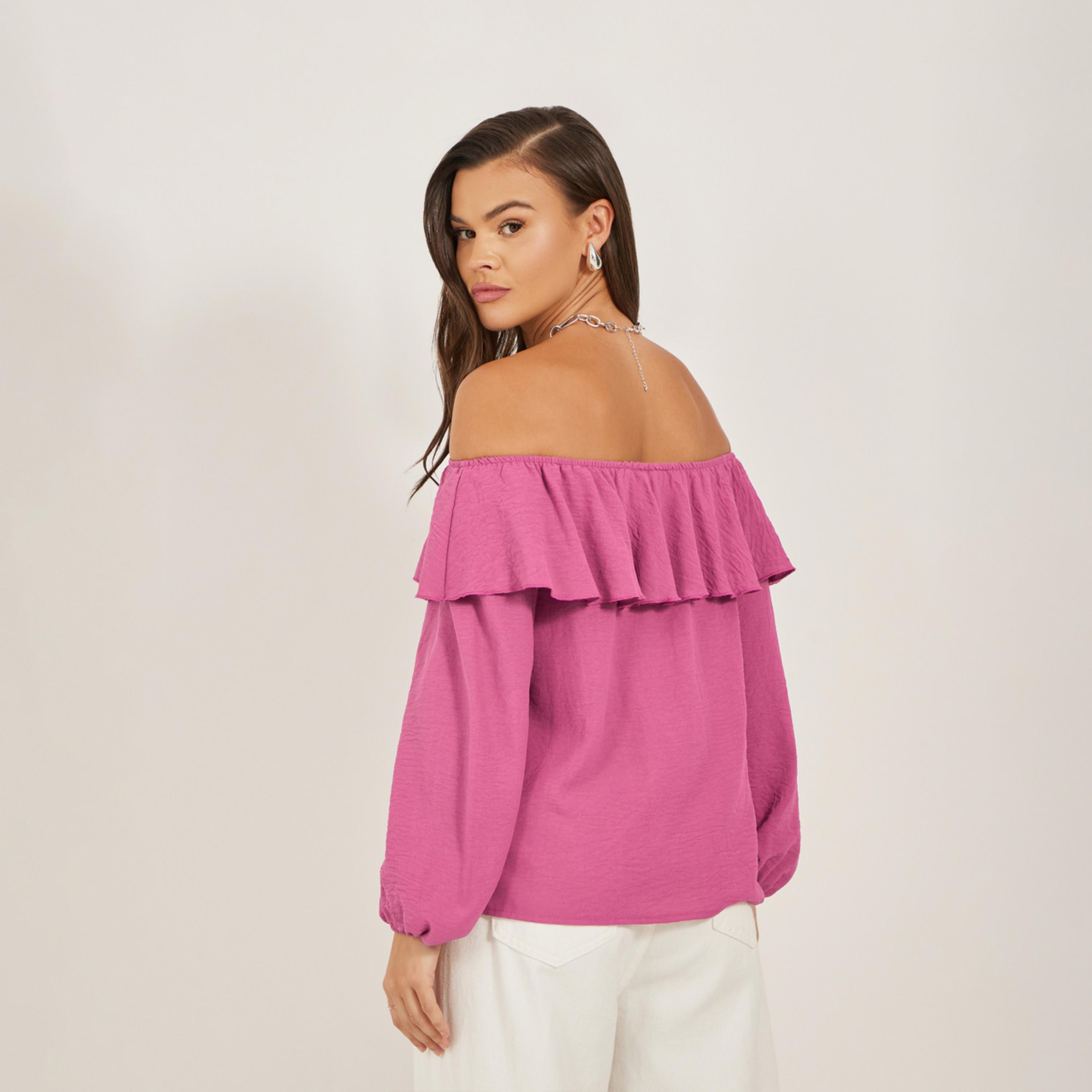 Styli Solid Ruffled Trim Off Shoulder Neck Blouse-women-clothing-shirtsandblouses-blouses-image-5