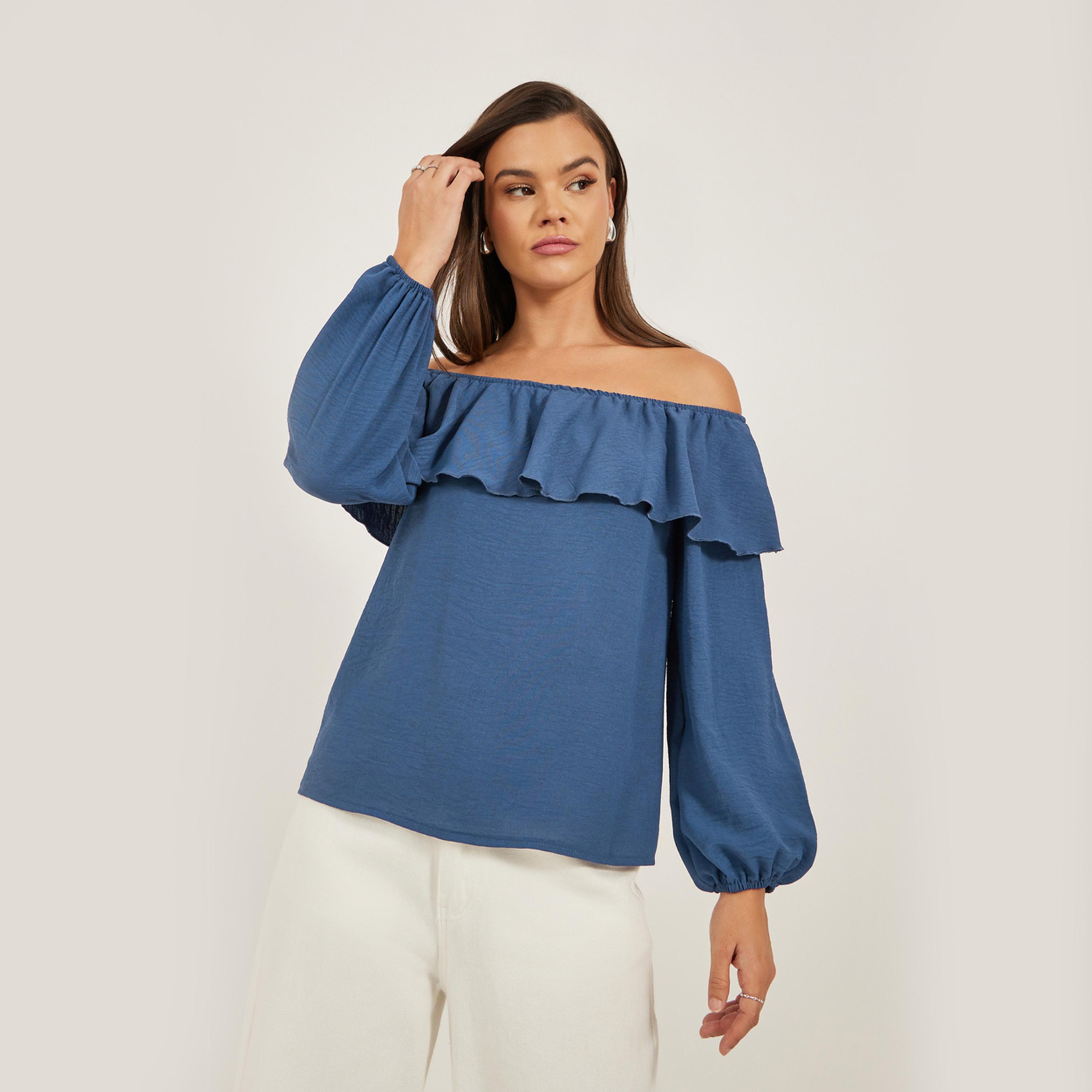 Styli Solid Ruffled Trim Off Shoulder Neck Blouse-women-clothing-shirtsandblouses-blouses-image-1