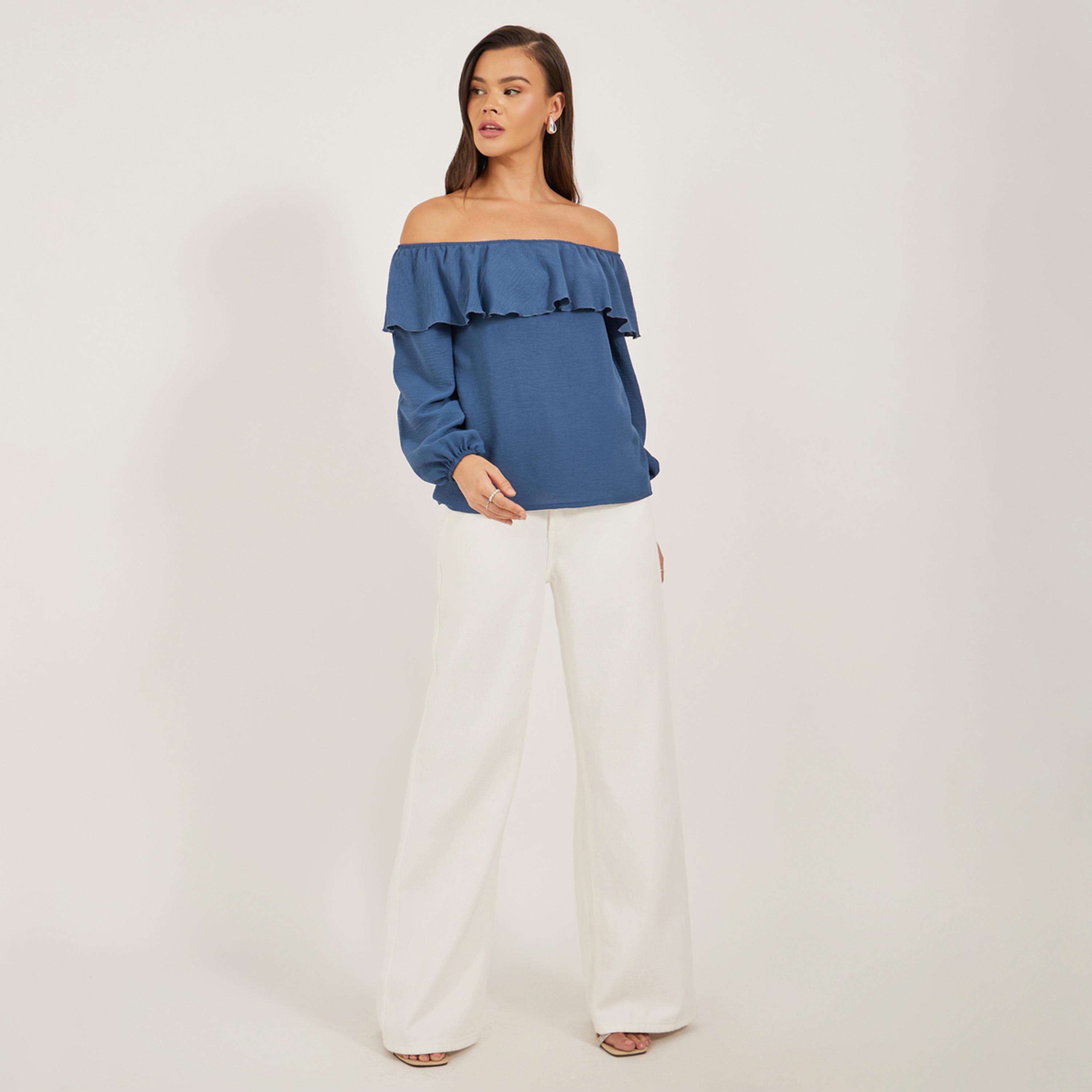 Styli Solid Ruffled Trim Off Shoulder Neck Blouse-women-clothing-shirtsandblouses-blouses-image-2