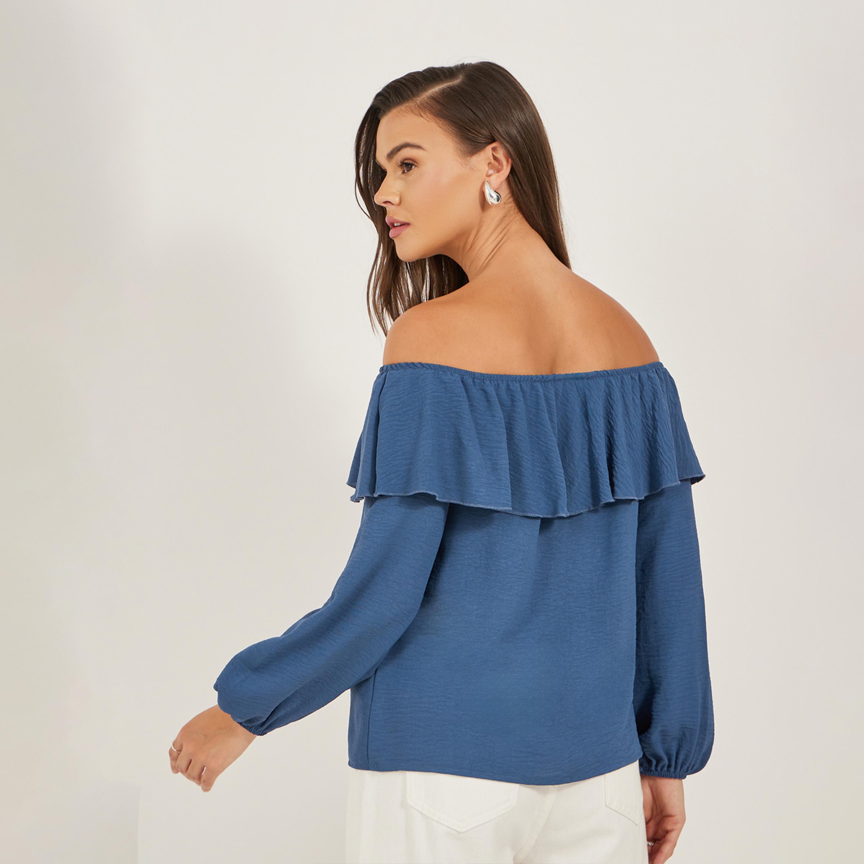 Styli Solid Ruffled Trim Off Shoulder Neck Blouse-women-clothing-shirtsandblouses-blouses-image-4