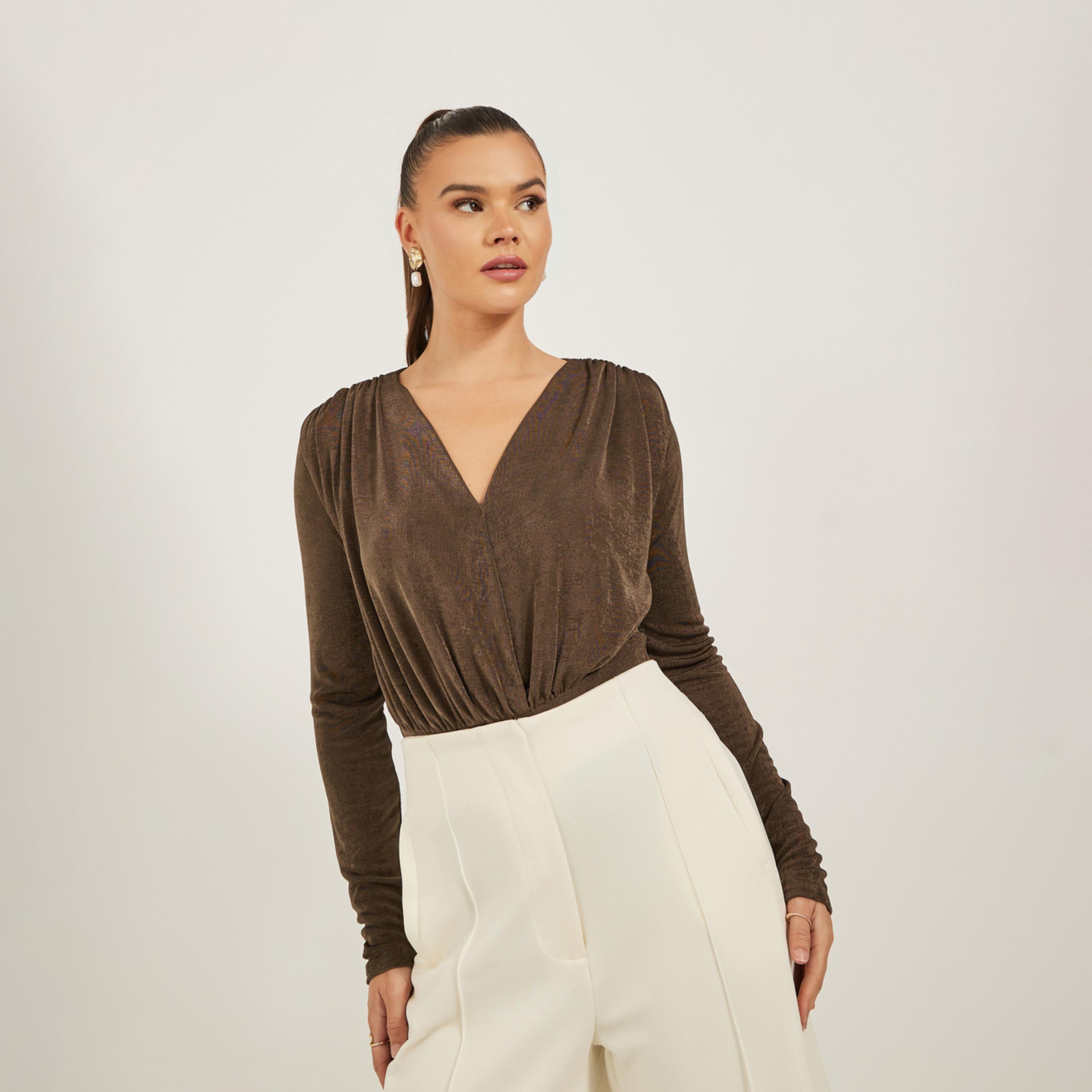 ستايلي - بدلة جسم سادة بأكمام طويلة وتفاصيل مجمعة-women-clothing-shirtsandblouses-blouses-image-1
