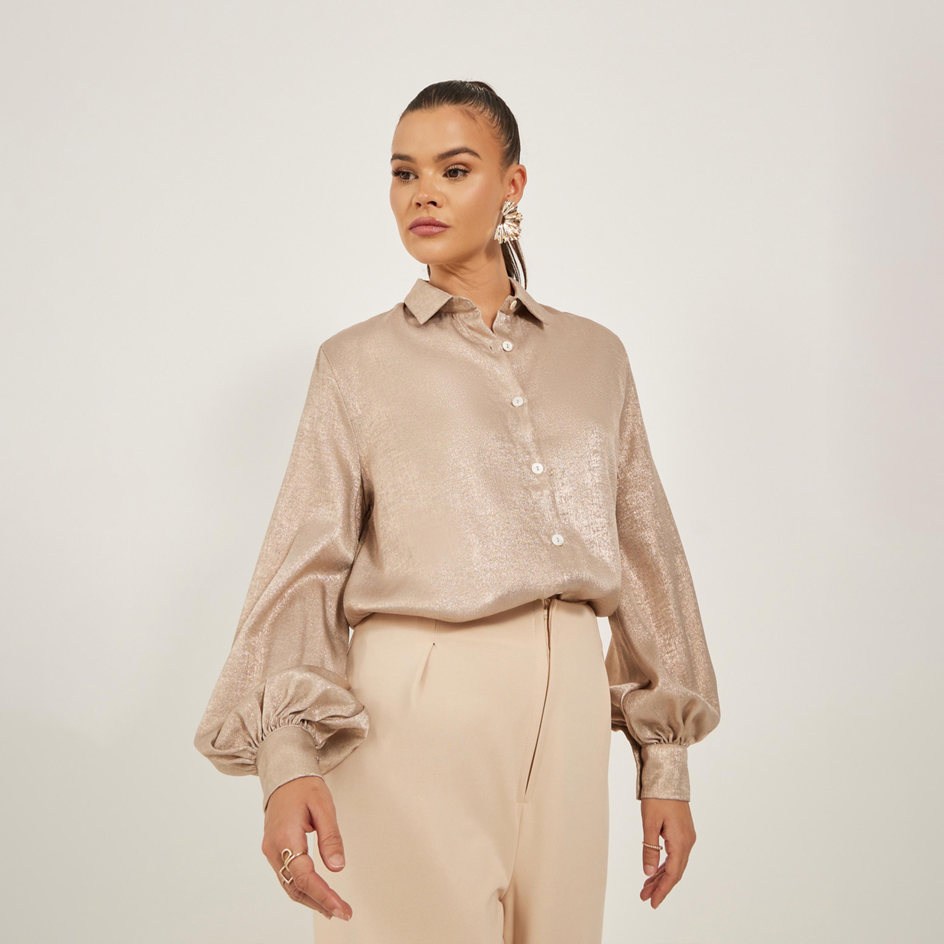 ستايلي - قميص سادة بأكمام منفوخة وقصّة عادية-women-clothing-shirtsandblouses-shirts-image-1