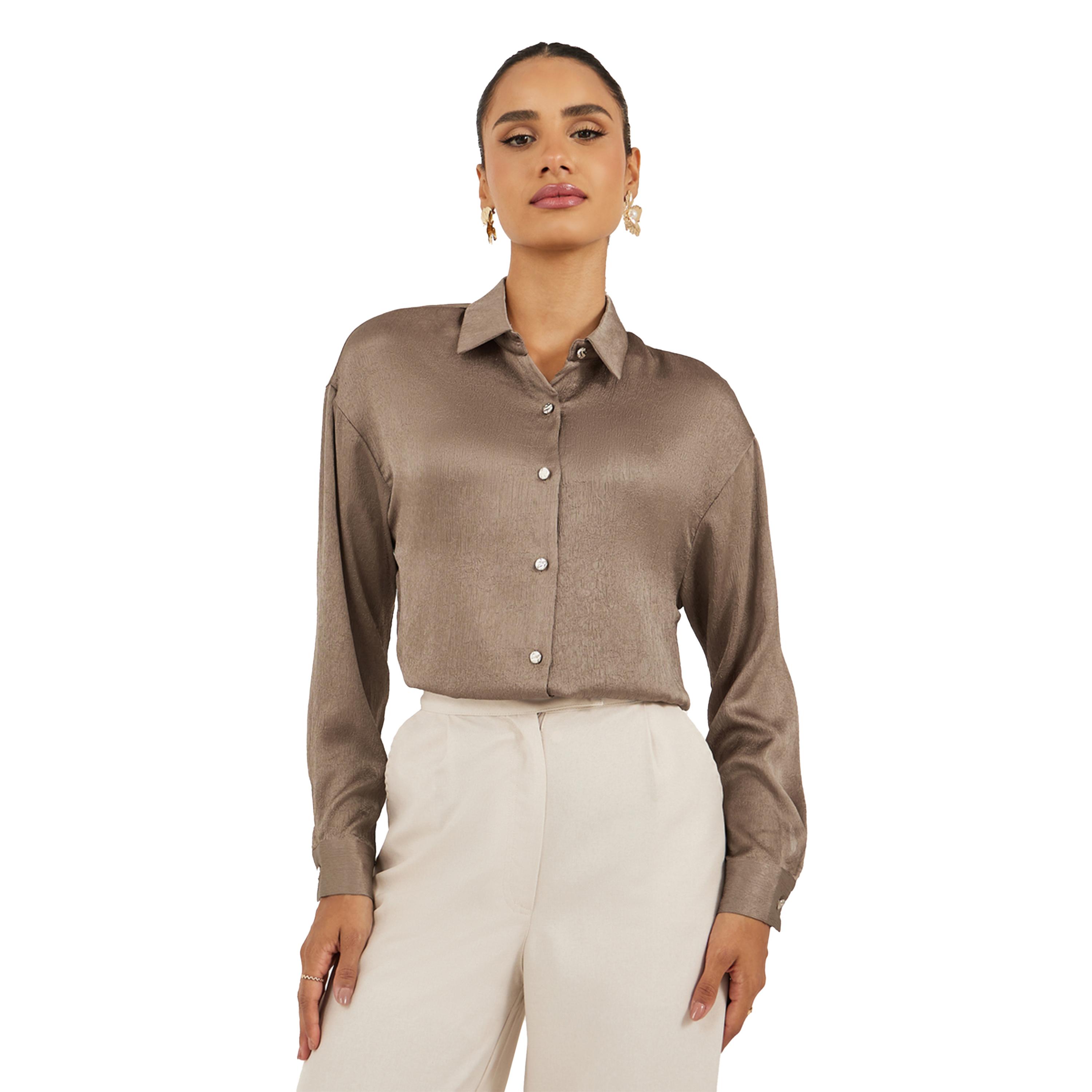 Styli Brown Textured Long Sleeve Oversized Shirt-women-clothing-shirtsandblouses-shirts-image-1