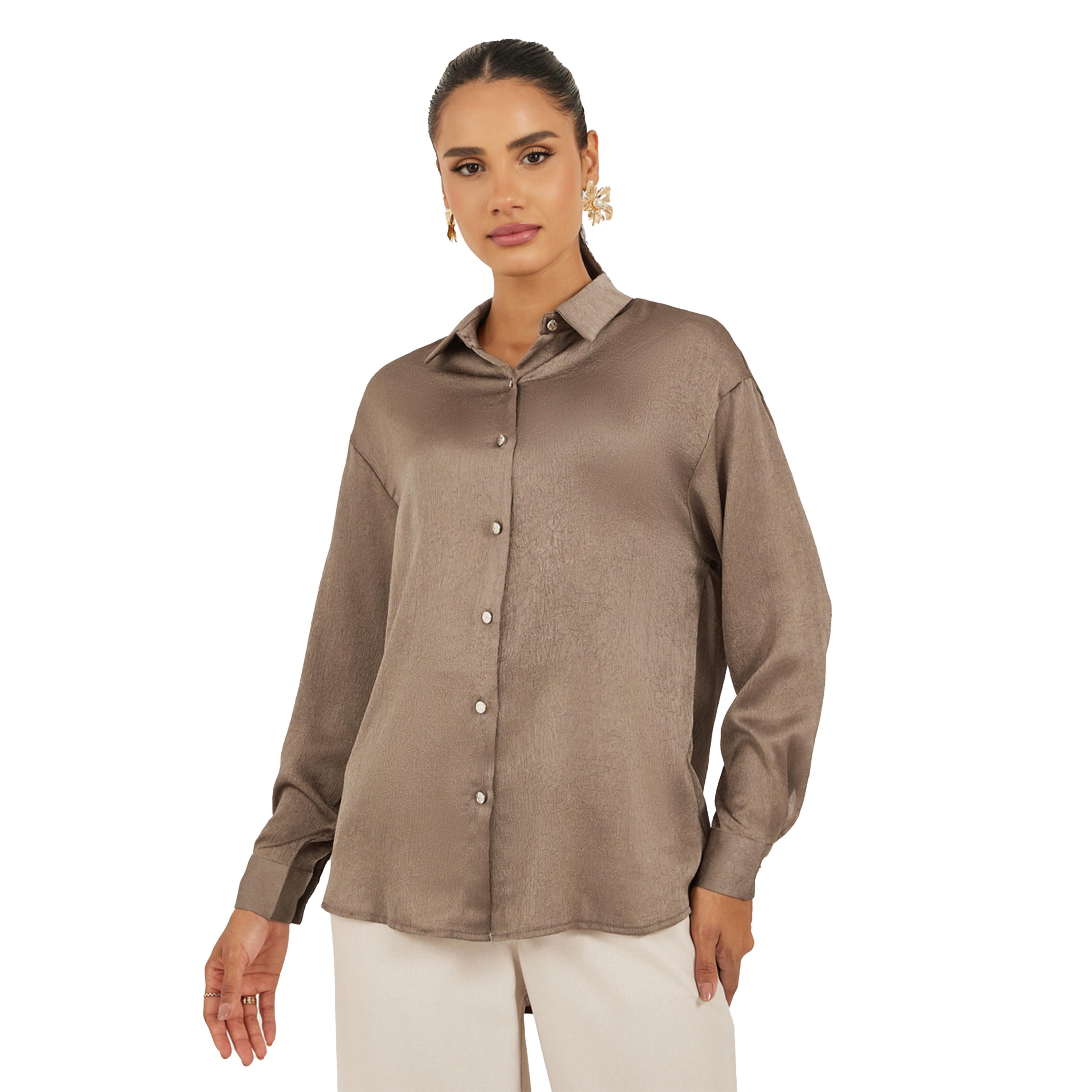 Styli Brown Textured Long Sleeve Oversized Shirt-women-clothing-shirtsandblouses-shirts-image-2