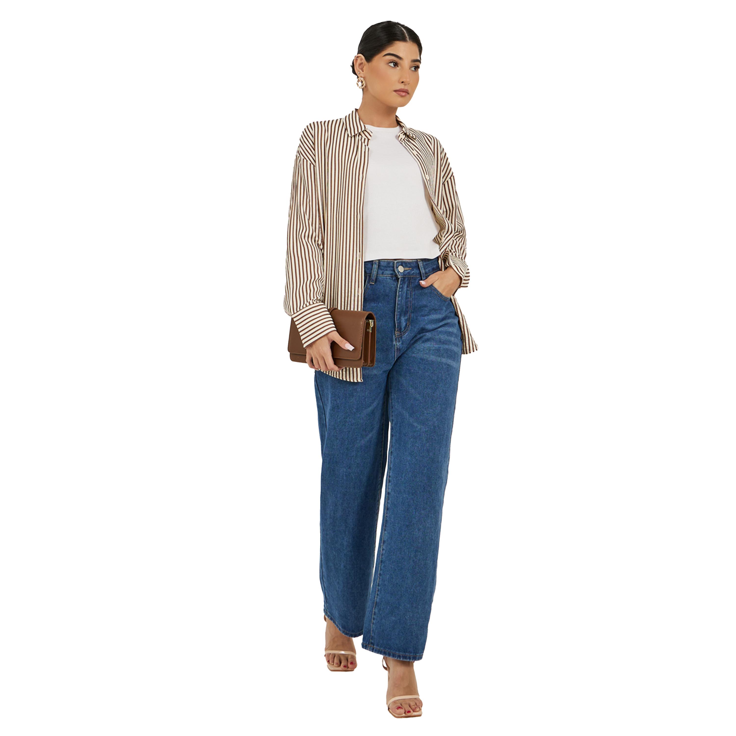 ستايلي -  قميص مخطط مقاس كبيربياقة واسعة ونقشة مميزة-women-clothing-shirtsandblouses-shirts-image-2
