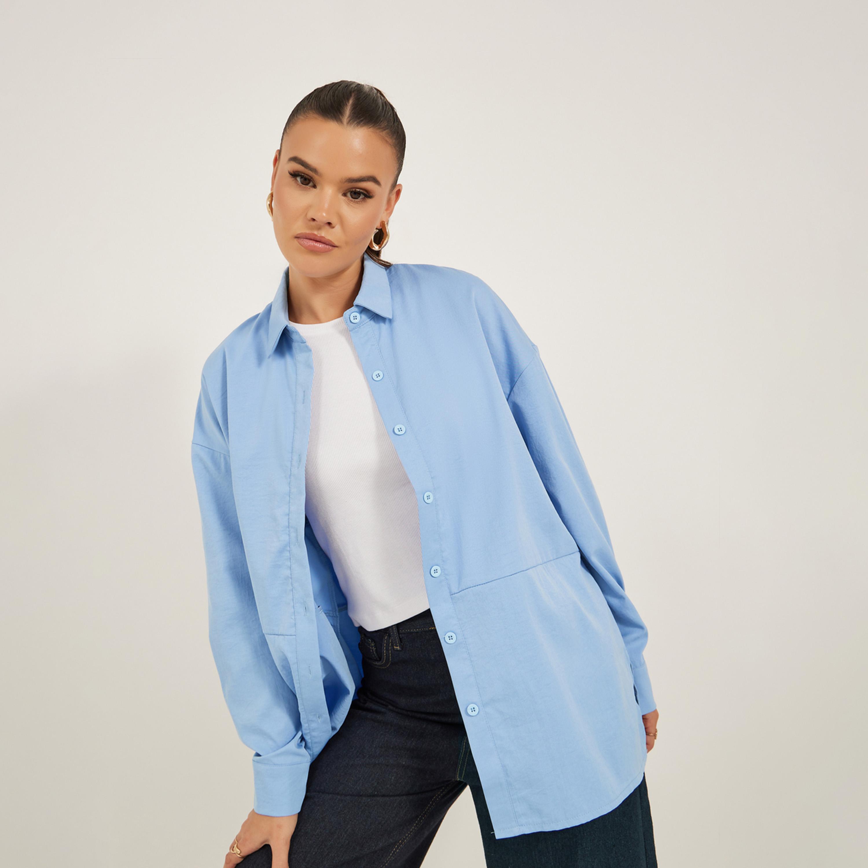 Styli Solid Oversized Spread Collar Longline Shirt-women-clothing-shirtsandblouses-shirts-image-1