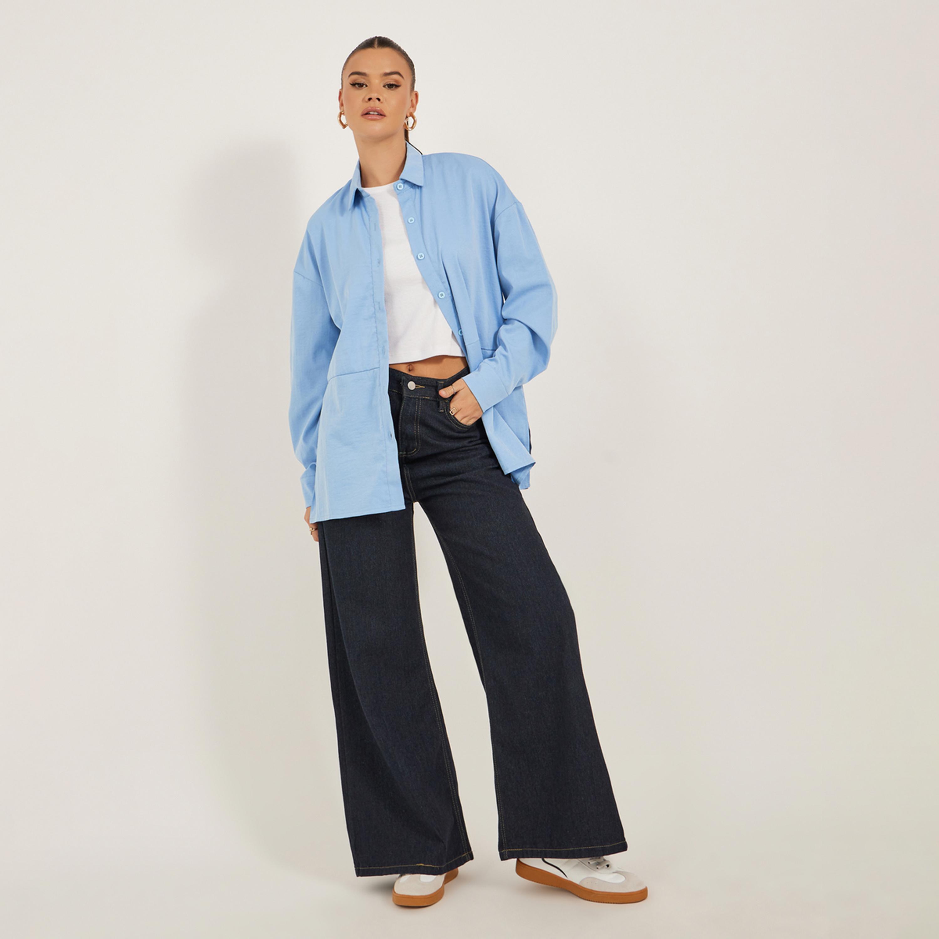 Styli Solid Oversized Spread Collar Longline Shirt-women-clothing-shirtsandblouses-shirts-image-2