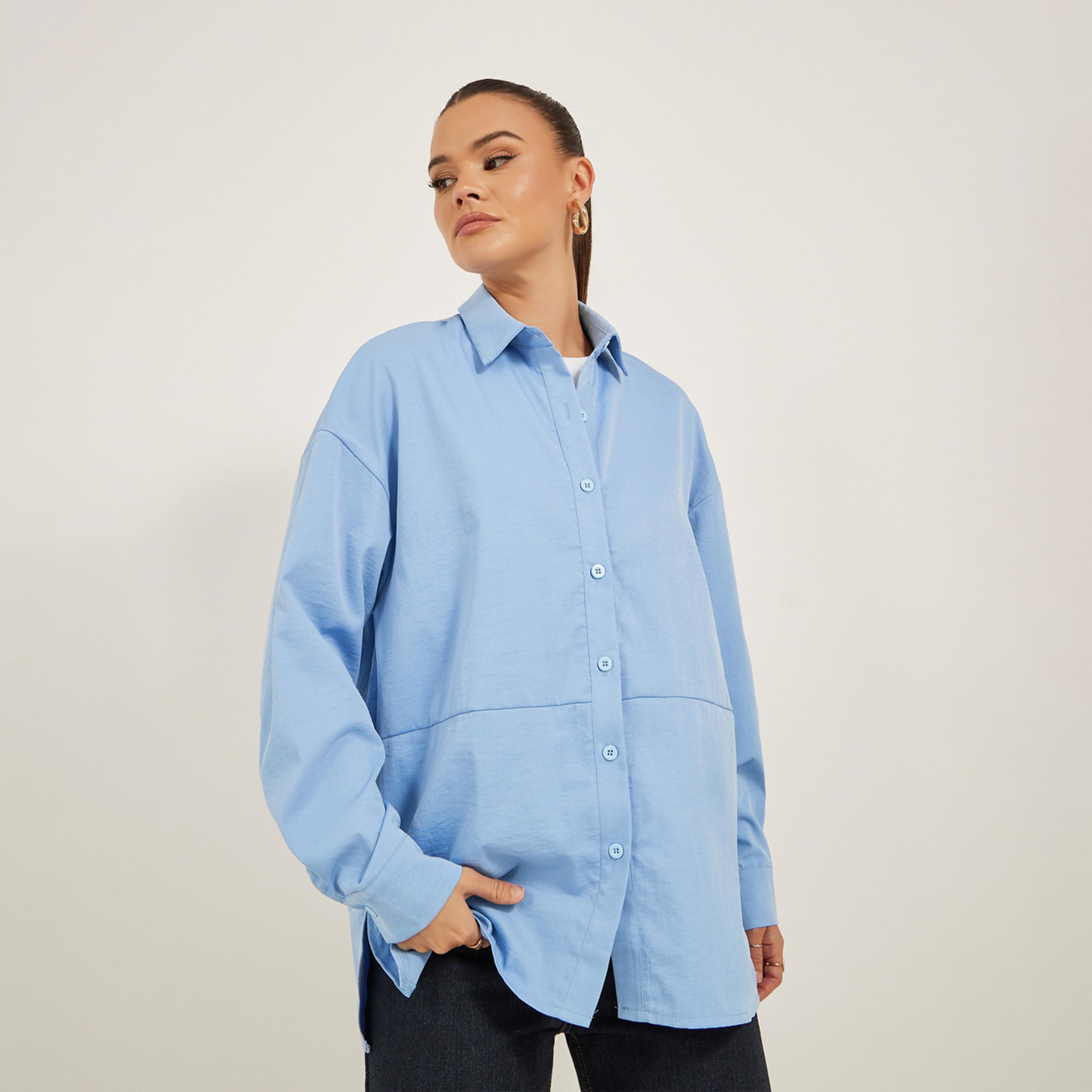 Styli Solid Oversized Spread Collar Longline Shirt-women-clothing-shirtsandblouses-shirts-image-3
