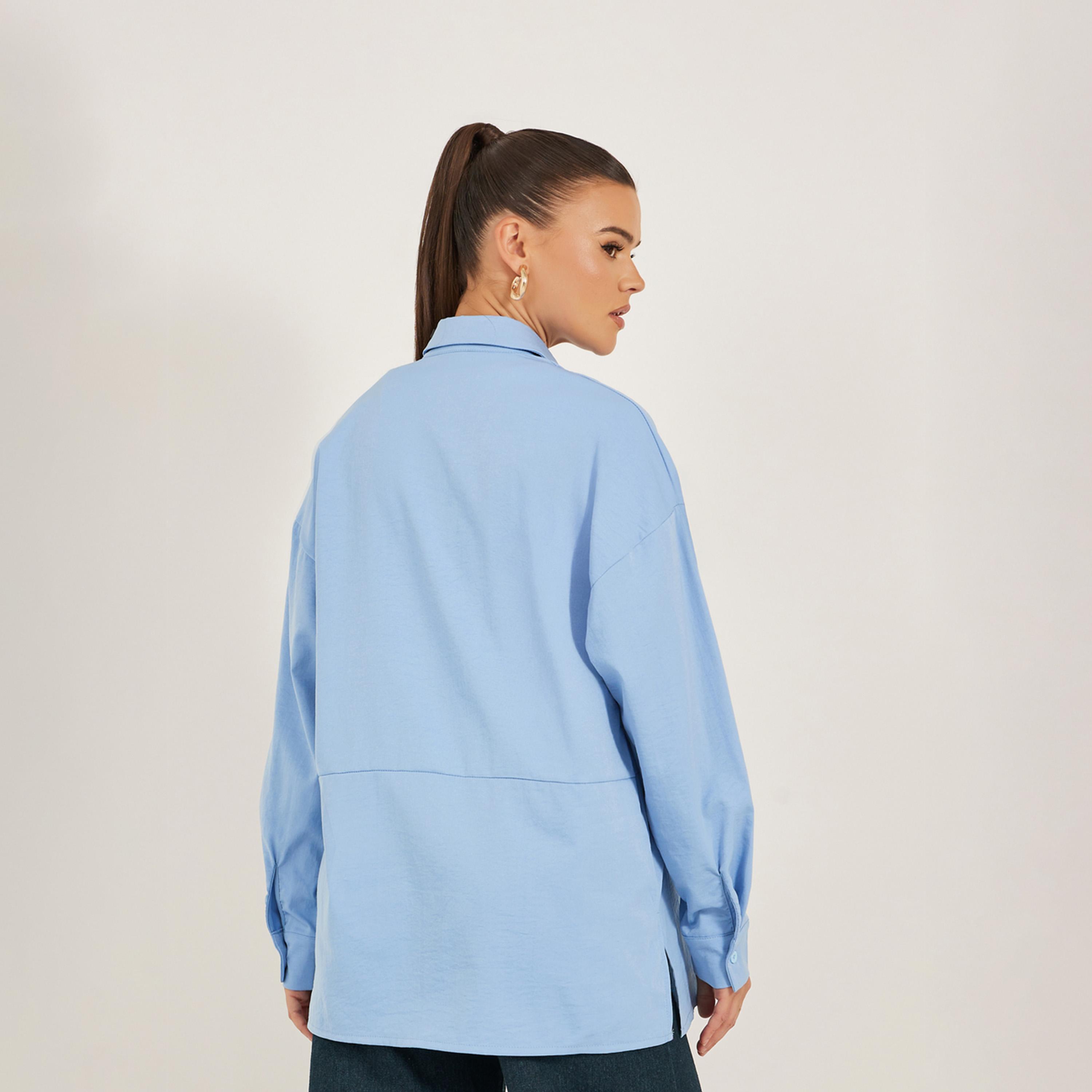 Styli Solid Oversized Spread Collar Longline Shirt-women-clothing-shirtsandblouses-shirts-image-5