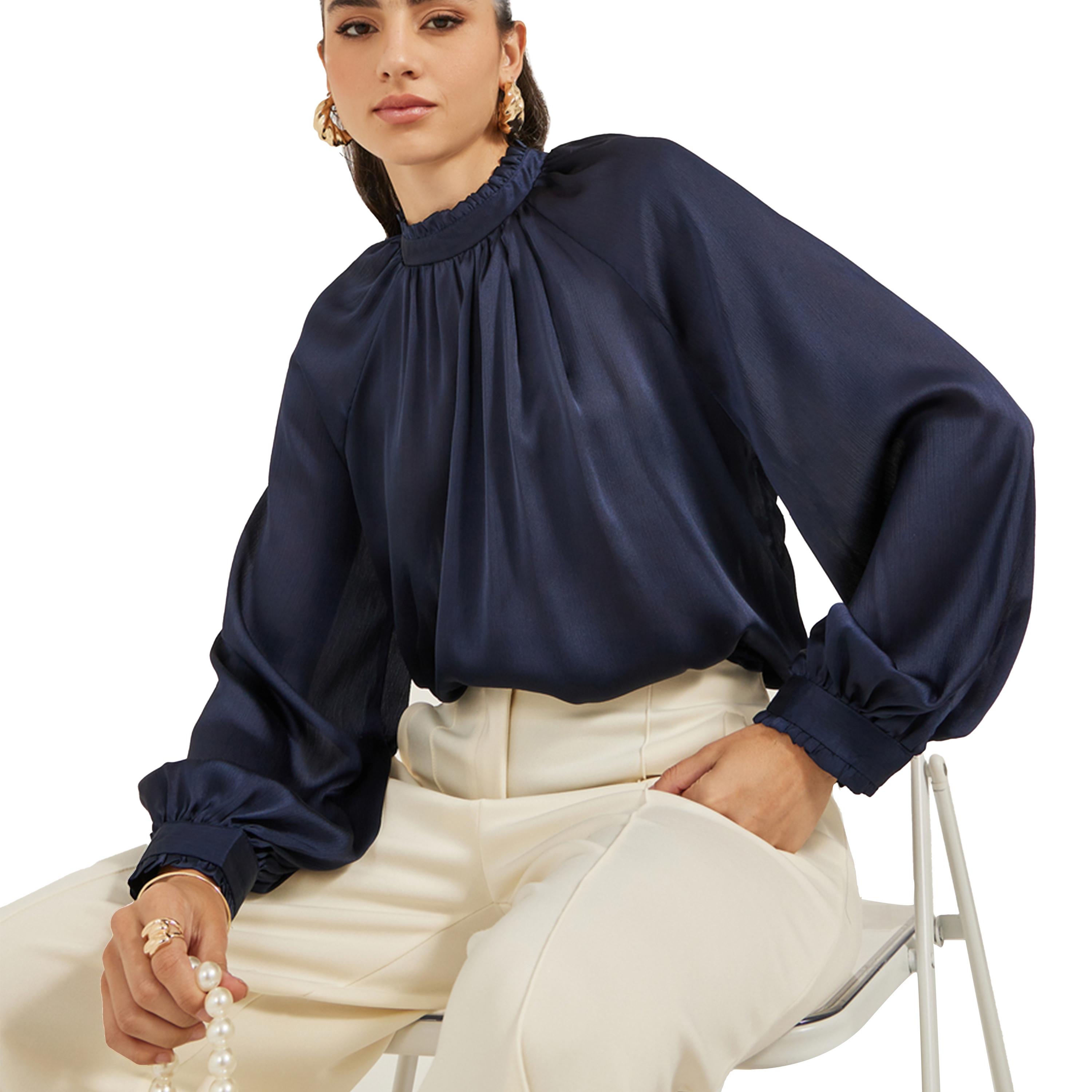 ستايلي -  بلوزة ساتان بأكمام منفوخة ورقبة عالية-women-clothing-shirtsandblouses-blouses-image-1