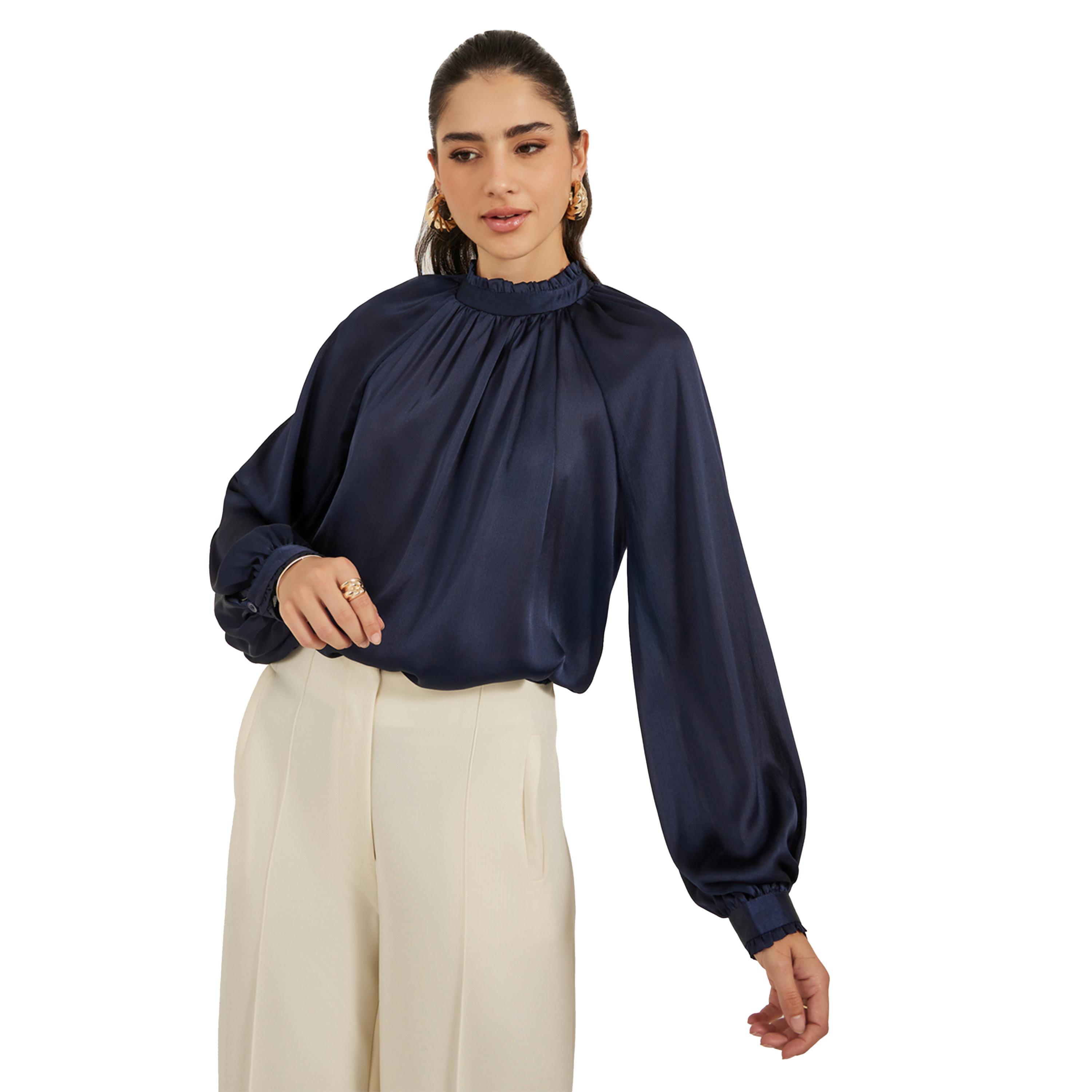 ستايلي -  بلوزة ساتان بأكمام منفوخة ورقبة عالية-women-clothing-shirtsandblouses-blouses-image-3