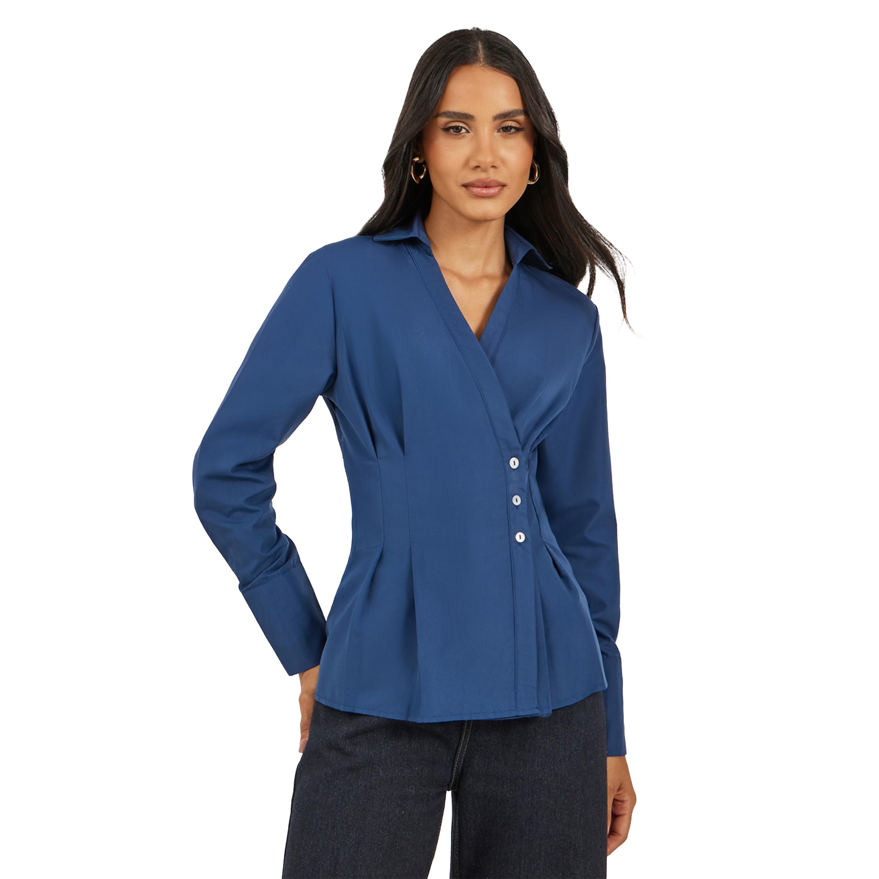 Styli Women Navy Blue Solid Pleated Regular Fit Wrap Shirt-women-clothing-shirtsandblouses-shirts-image-1